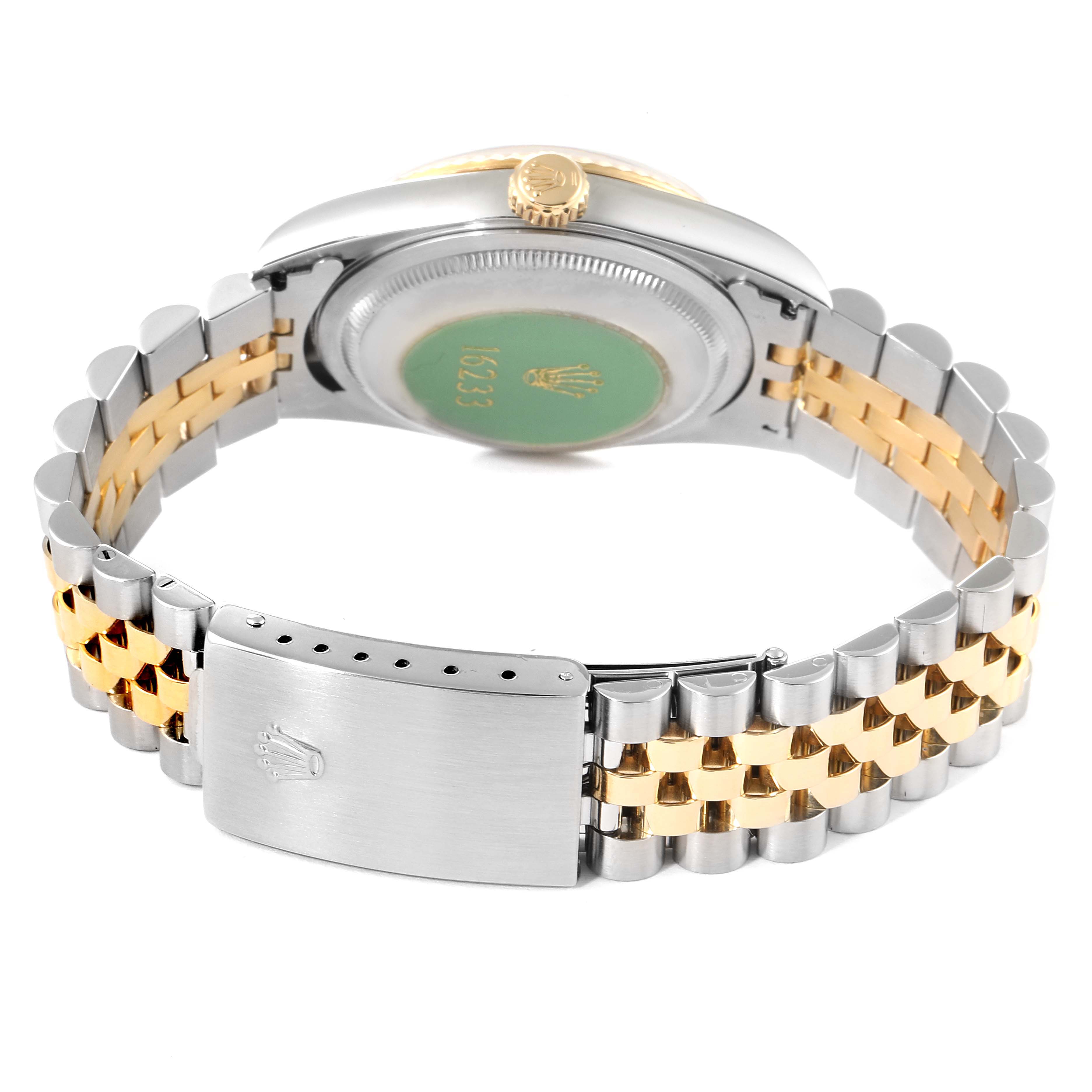 The image shows the back view of a Rolex Datejust 16233 Men's Steel and Gold (two tone) Champagne Dial 16233 Men's Steel and Gold (two tone) Champagne Dial watch, highlighting the clasp, bracelet, and case back.
