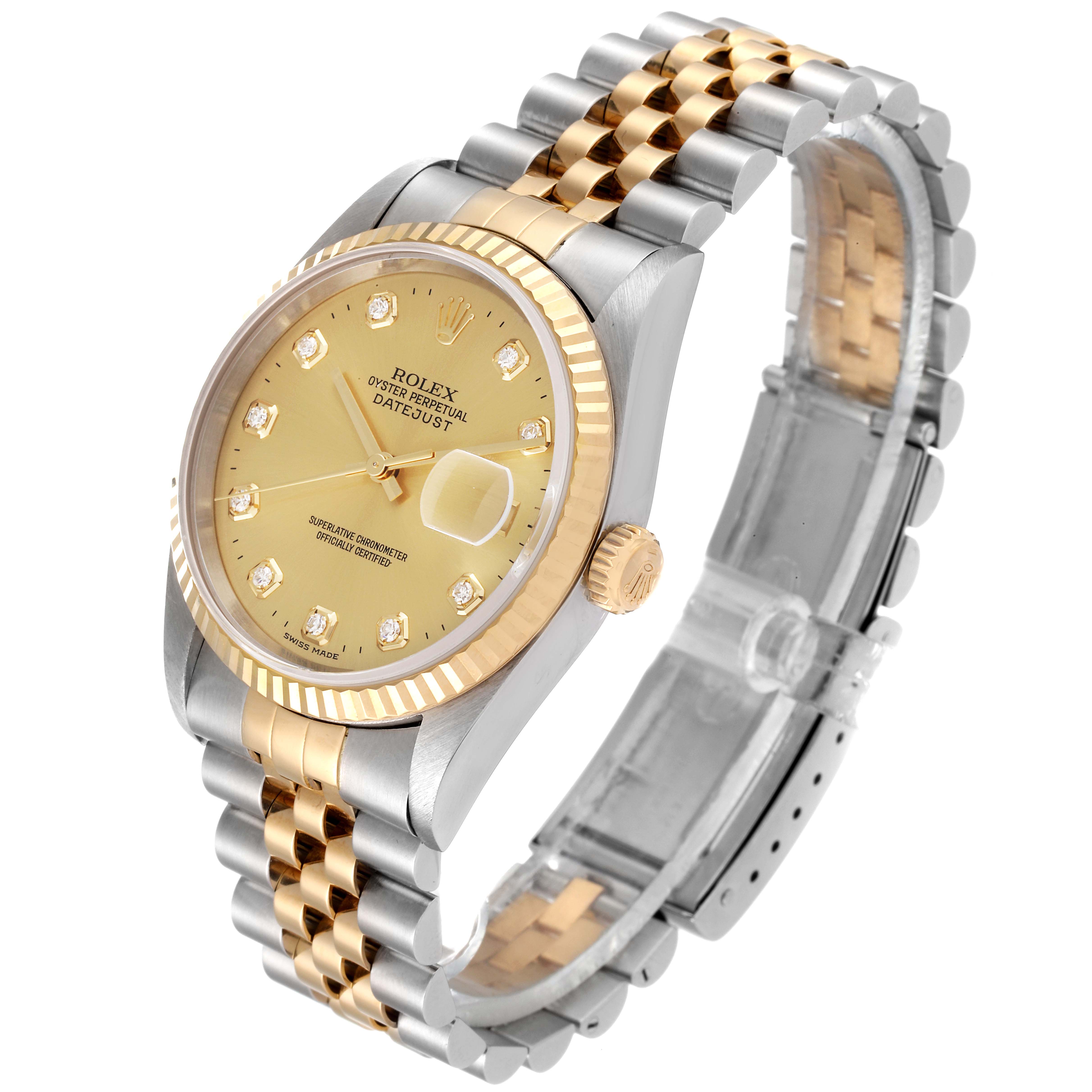 This Rolex Datejust 16233 Men's Steel and Gold (two tone) Champagne Dial 16233 Men's Steel and Gold (two tone) Champagne Dial watch is shown at an oblique angle detailing the face, bezel, crown, and two-tone bracelet.