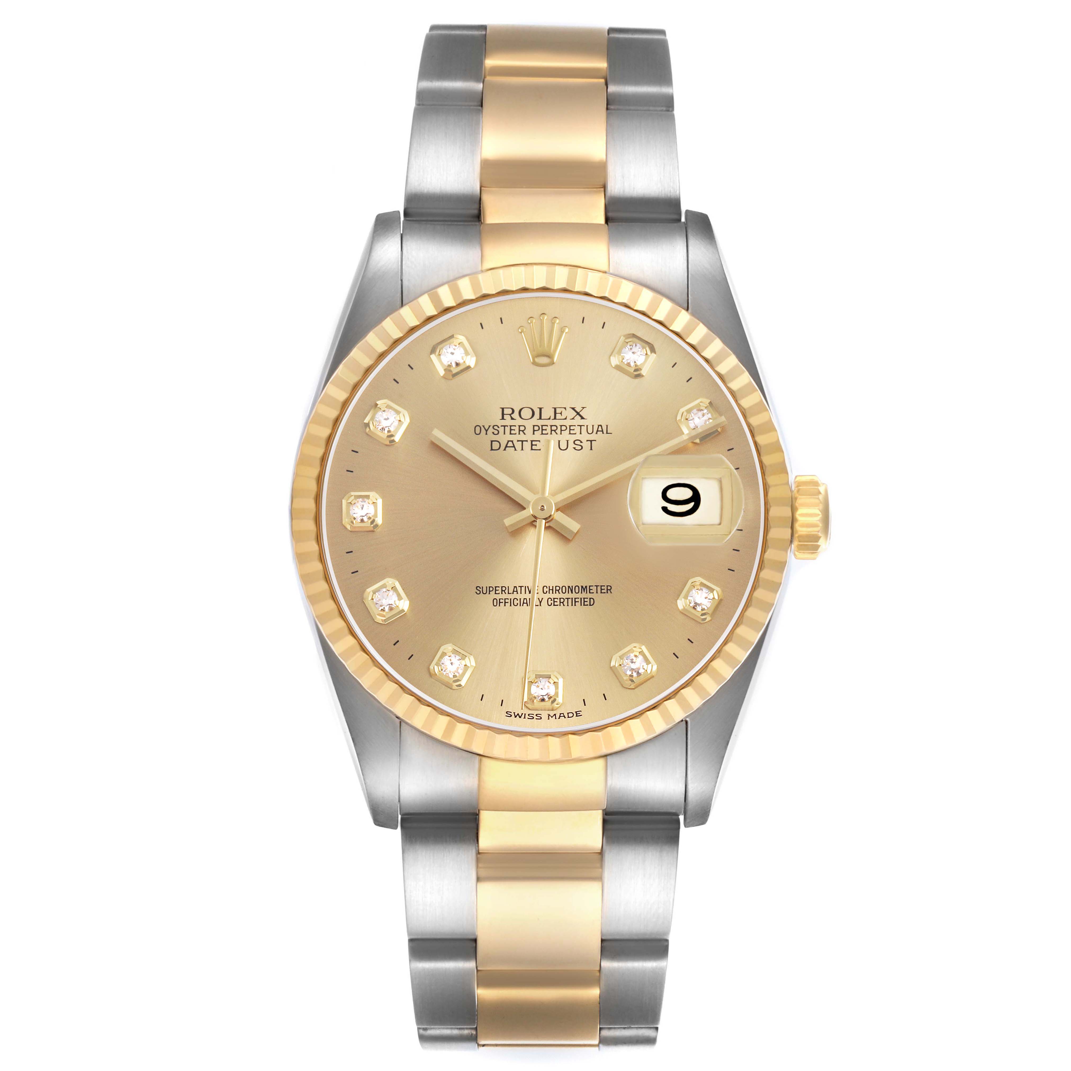 The Rolex Datejust 16233 Men's Stainless Steel Champagne Dial watch is shown from the front, displaying the dial, hands, date window, bezel, and two-tone bracelet.