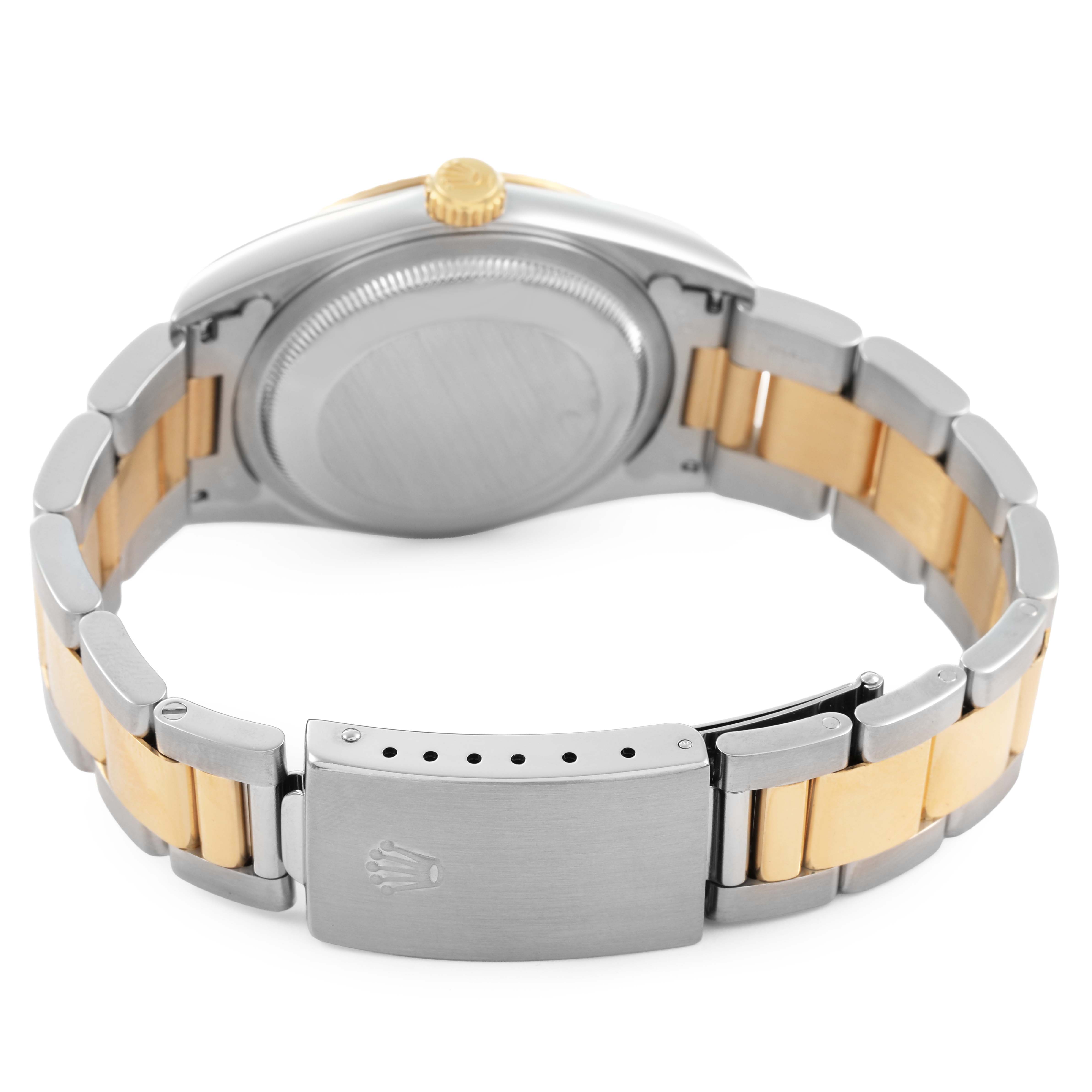 The image shows the back view of a Rolex Datejust 16233 Men's Stainless Steel Champagne Dial watch, highlighting the case back, bracelet, and clasp.