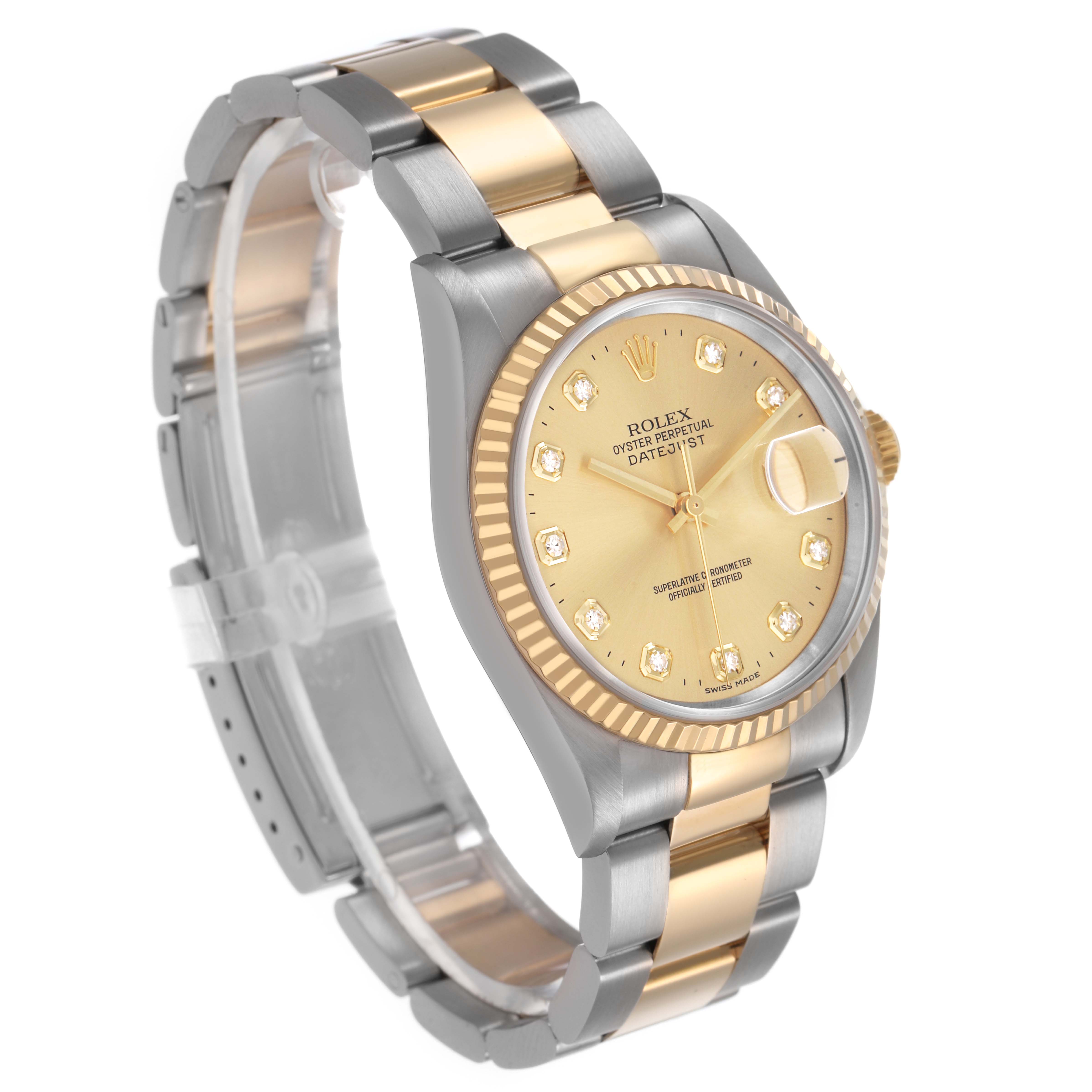 The Rolex Datejust 16233 Men's Stainless Steel Champagne Dial watch is shown from a three-quarter angle, highlighting the gold dial, diamond hour markers, fluted bezel, and two-tone bracelet.
