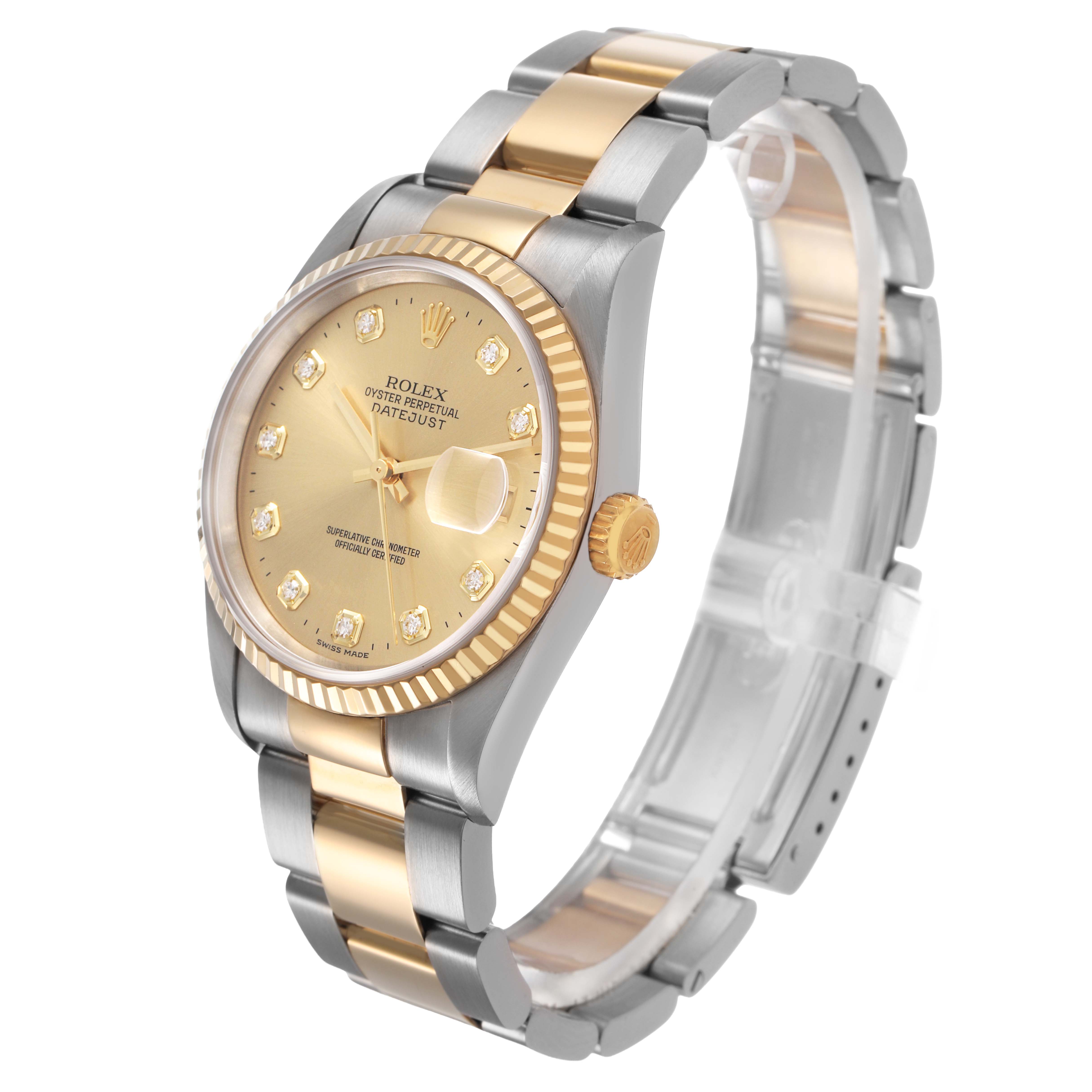 The Rolex Datejust 16233 Men's Stainless Steel Champagne Dial watch is shown in a three-quarter view, highlighting the dial, bezel, and two-tone bracelet.