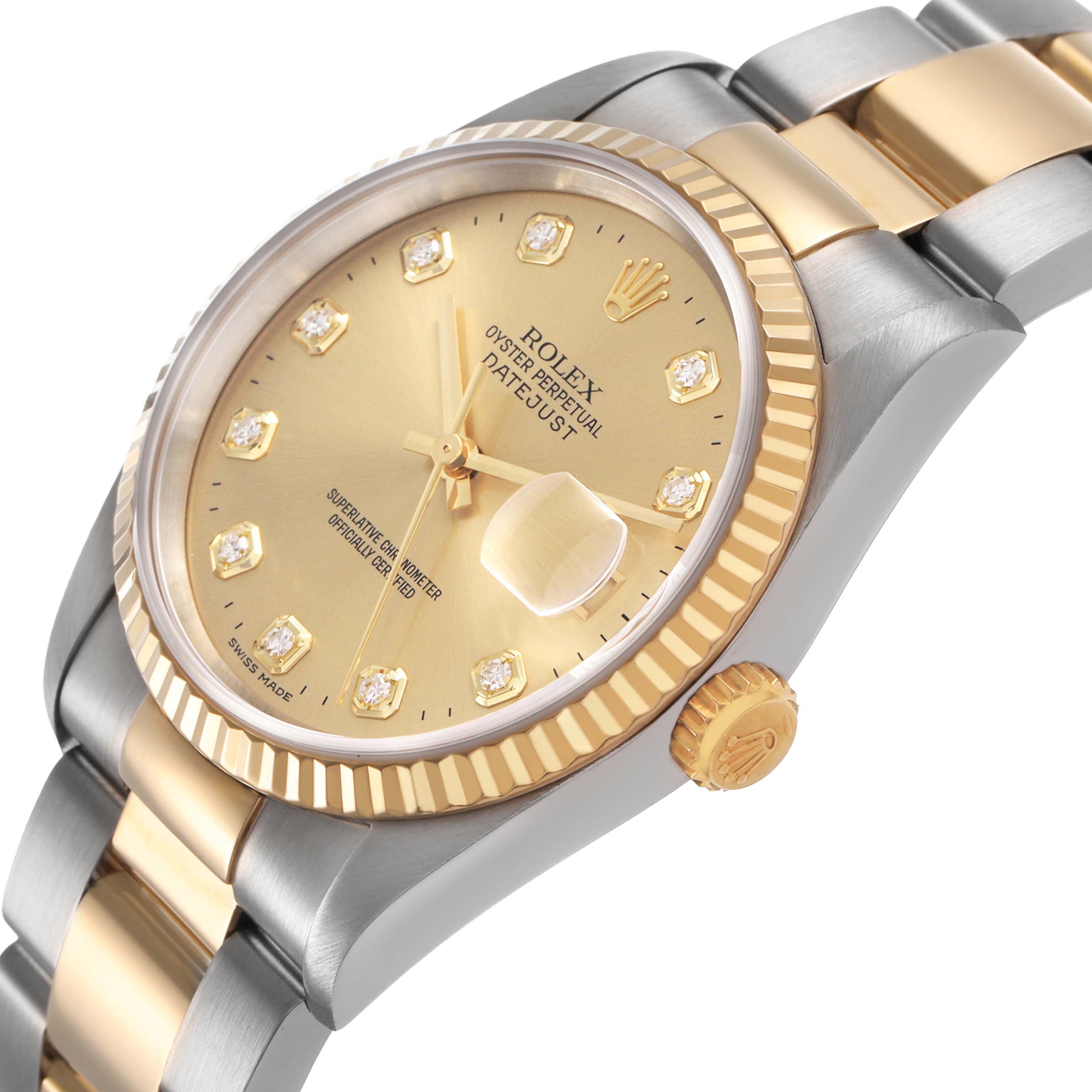 The Rolex Datejust 16233 Men's Stainless Steel Champagne Dial is shown at an angled side view, featuring its gold dial, fluted bezel, and two-tone bracelet.