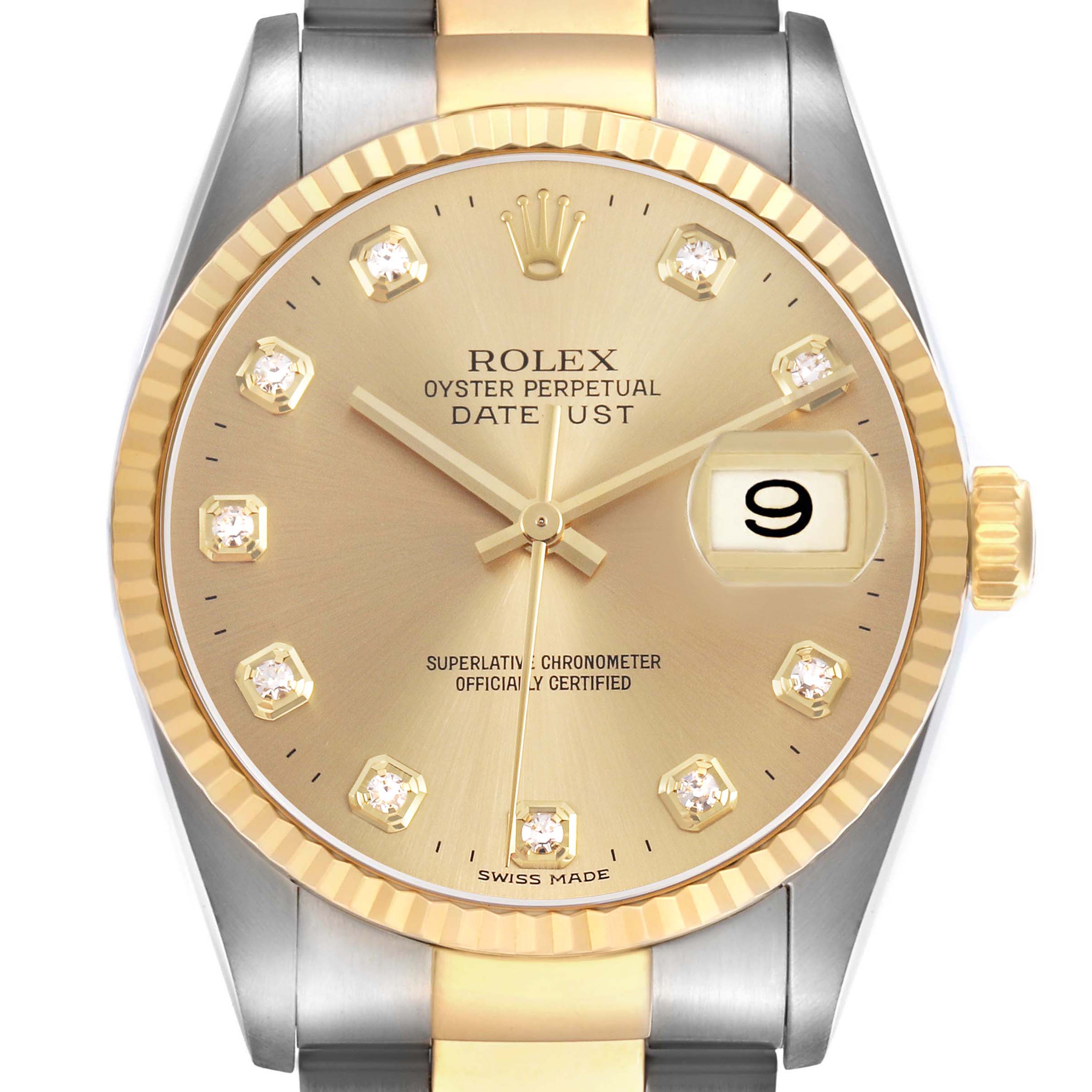 The Rolex Datejust 16233 Men's Stainless Steel Champagne Dial watch is shown from a front angle, displaying the dial, bezel, crown, and part of the bracelet.