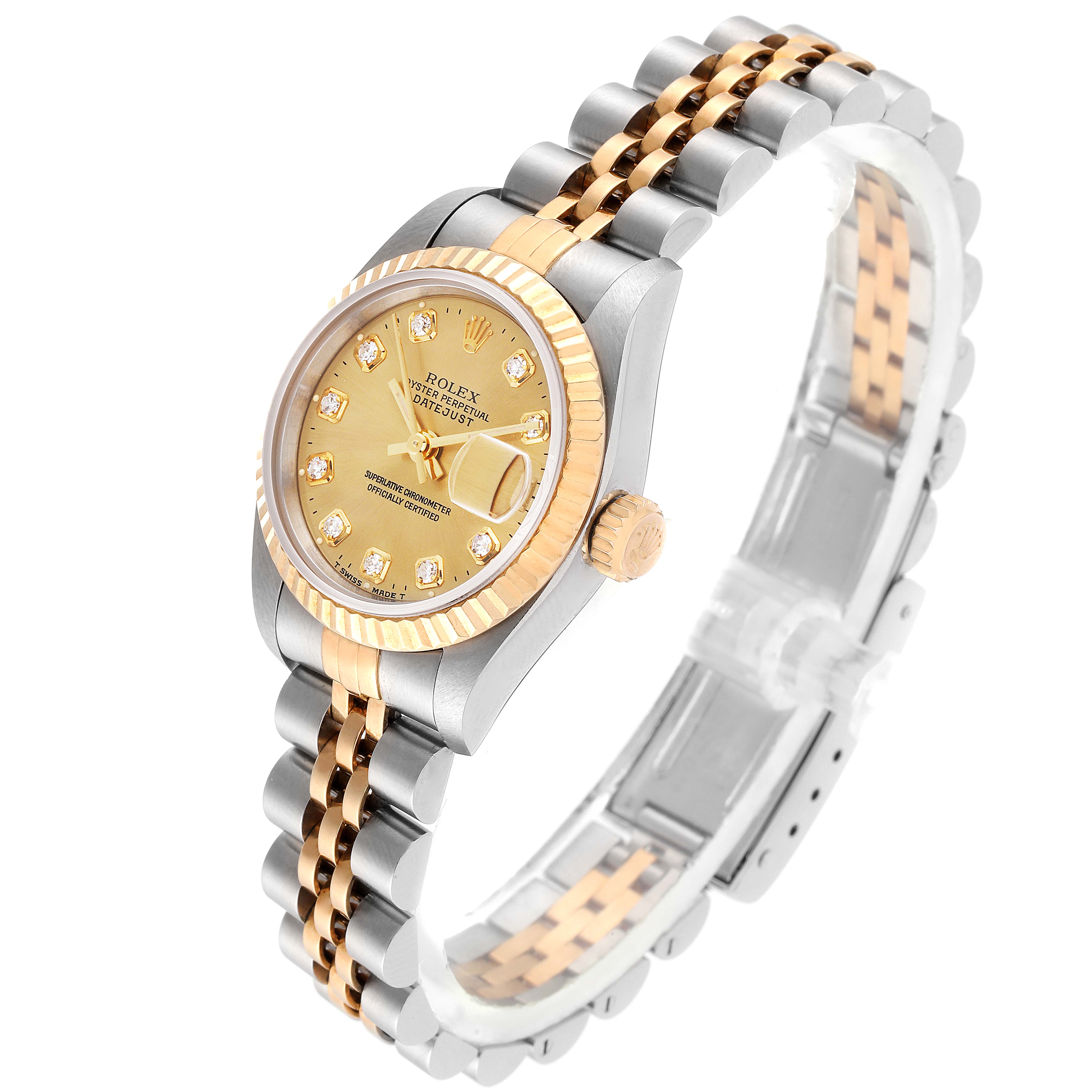 This image shows a side angle of the Rolex Datejust 69173 Women
s Steel and Gold (two tone) Champagne Dial 69173 Women
s Steel and Gold (two tone) Champagne Dial watch, highlighting its dial, bezel, crown, and two-tone bracelet.