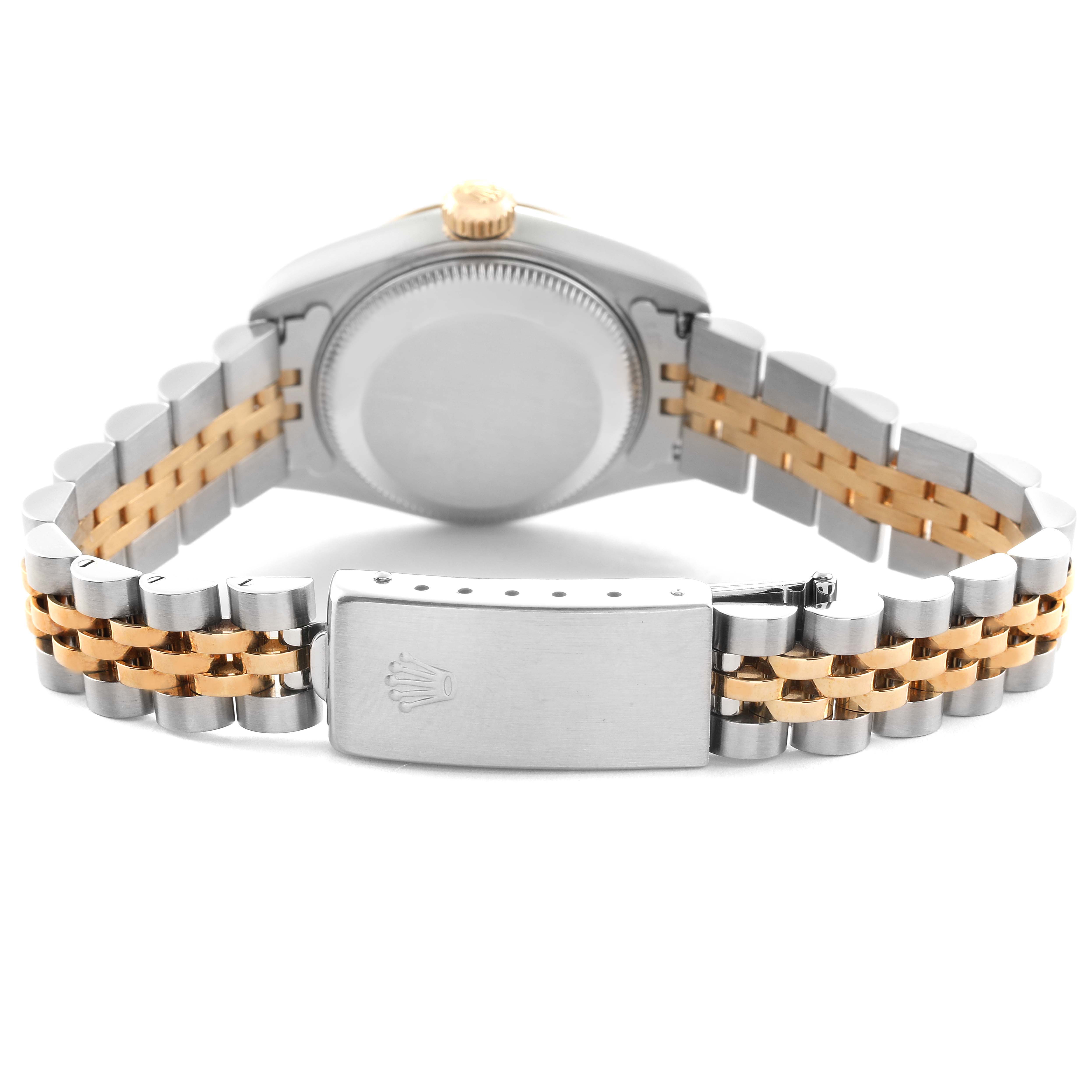 This image shows the back case and clasp of a Rolex Datejust 69173 Women
s Steel and Gold (two tone) Champagne Dial 69173 Women
s Steel and Gold (two tone) Champagne Dial watch at an angled perspective.