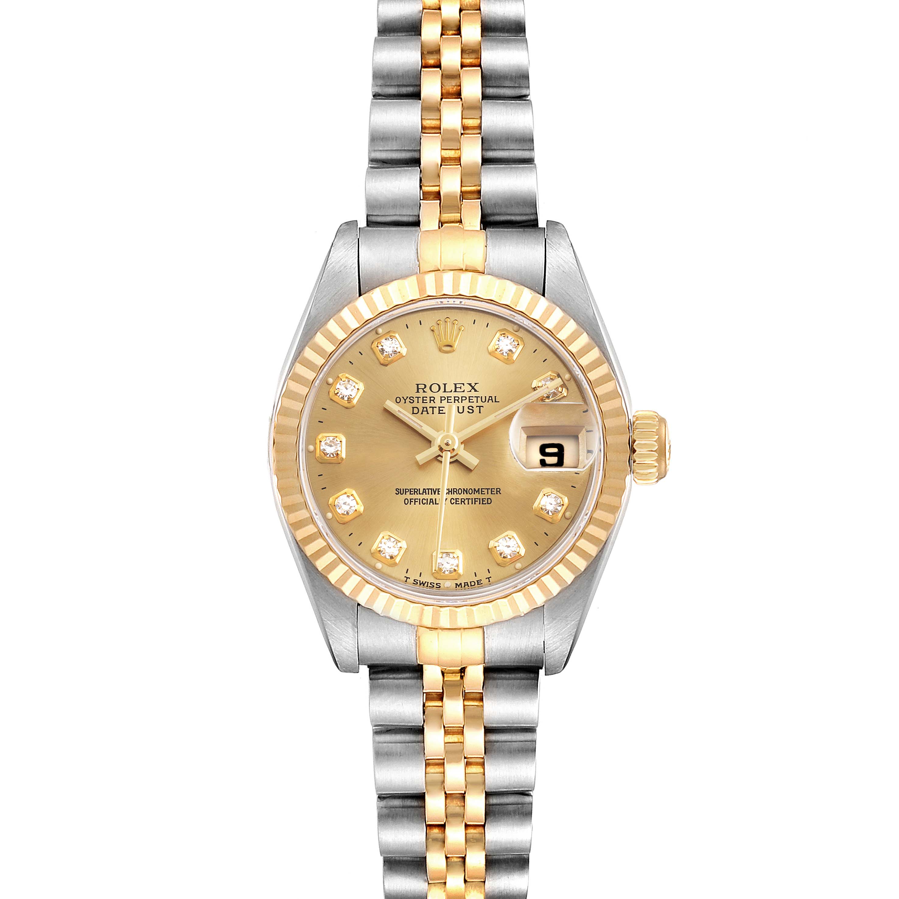 The Rolex Datejust 69173 Women
s Steel and Gold (two tone) Champagne Dial 69173 Women
s Steel and Gold (two tone) Champagne Dial watch is shown from a top-down angle, displaying its face, bezel, and two-tone bracelet.