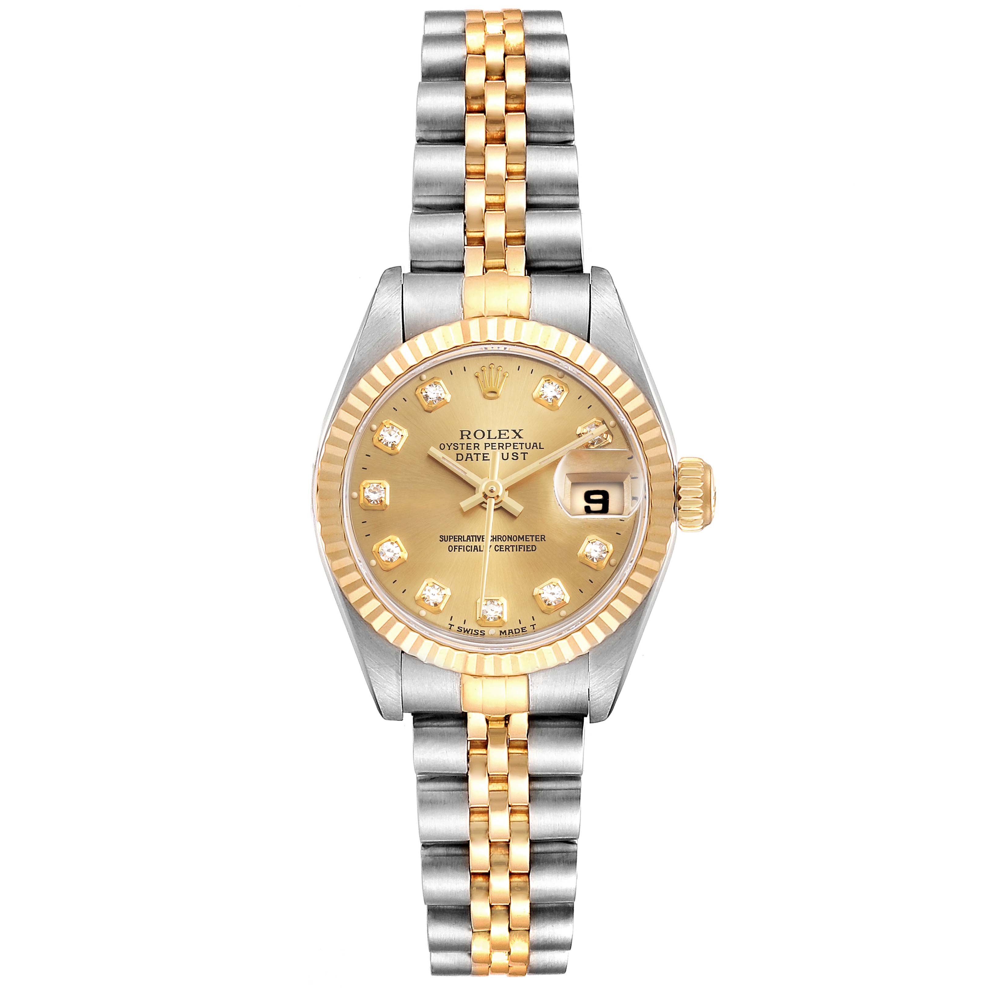 This image shows a front view of the Rolex Datejust 69173 Women
s Steel and Gold (two tone) Champagne Dial 69173 Women
s Steel and Gold (two tone) Champagne Dial watch, displaying the dial, bezel, and bracelet.