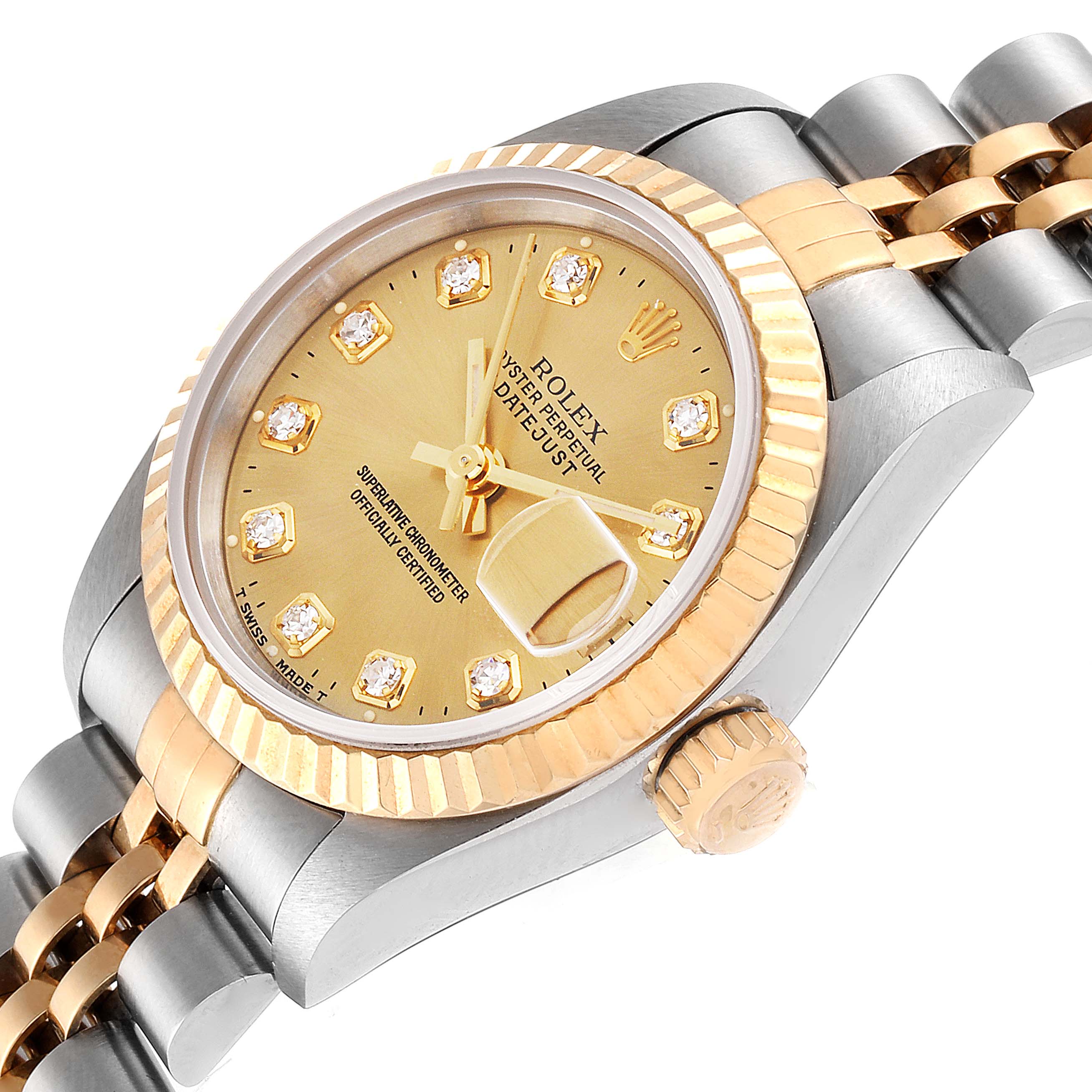 This image shows a Rolex Datejust 69173 Women
s Steel and Gold (two tone) Champagne Dial 69173 Women
s Steel and Gold (two tone) Champagne Dial watch angled to display its gold face, diamond hour markers, and two-tone band.