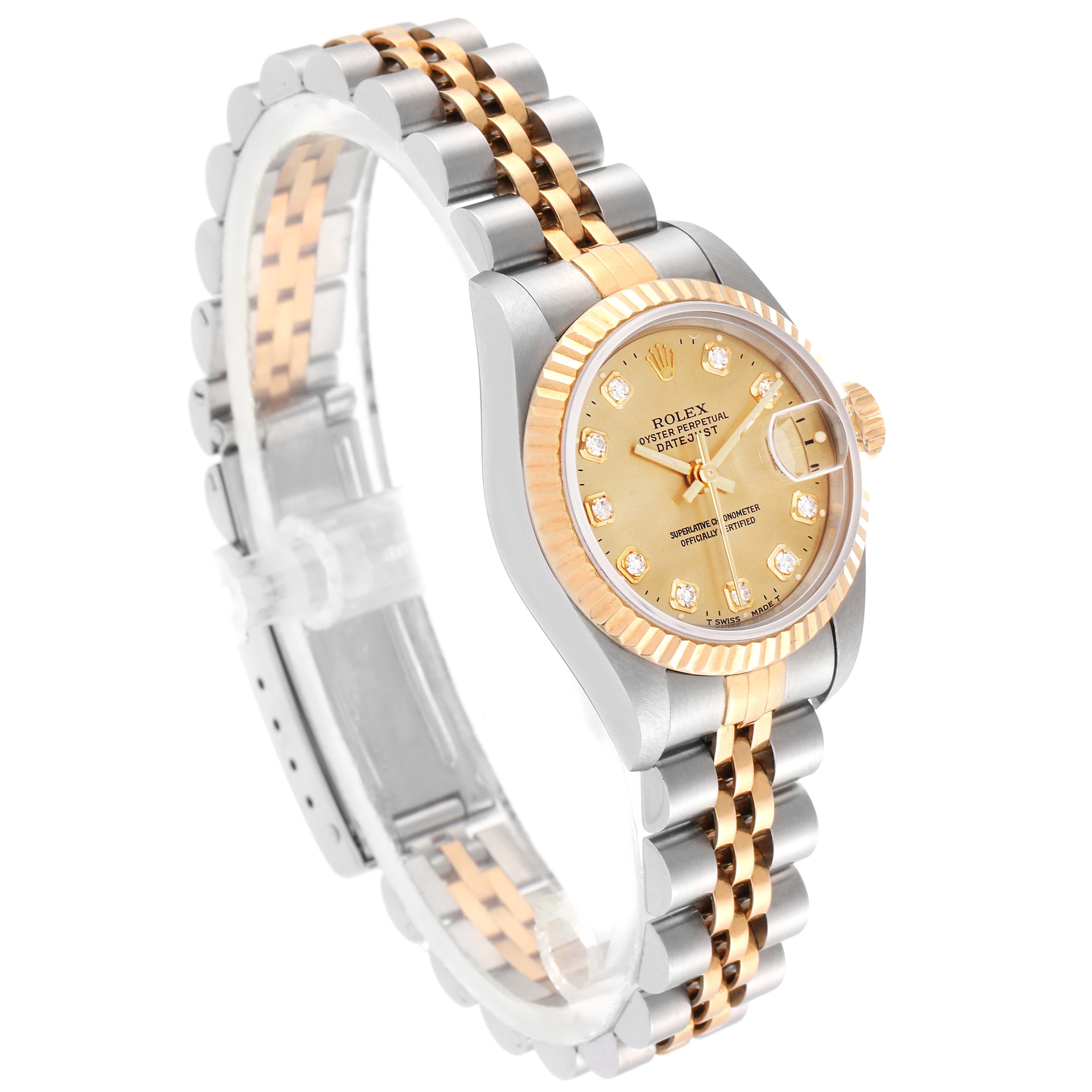 This image shows a Rolex Datejust 69173 Women
s Steel and Gold (two tone) Champagne Dial 69173 Women
s Steel and Gold (two tone) Champagne Dial watch at a three-quarter angle highlighting the two-tone bracelet, fluted bezel, and champagne dial.