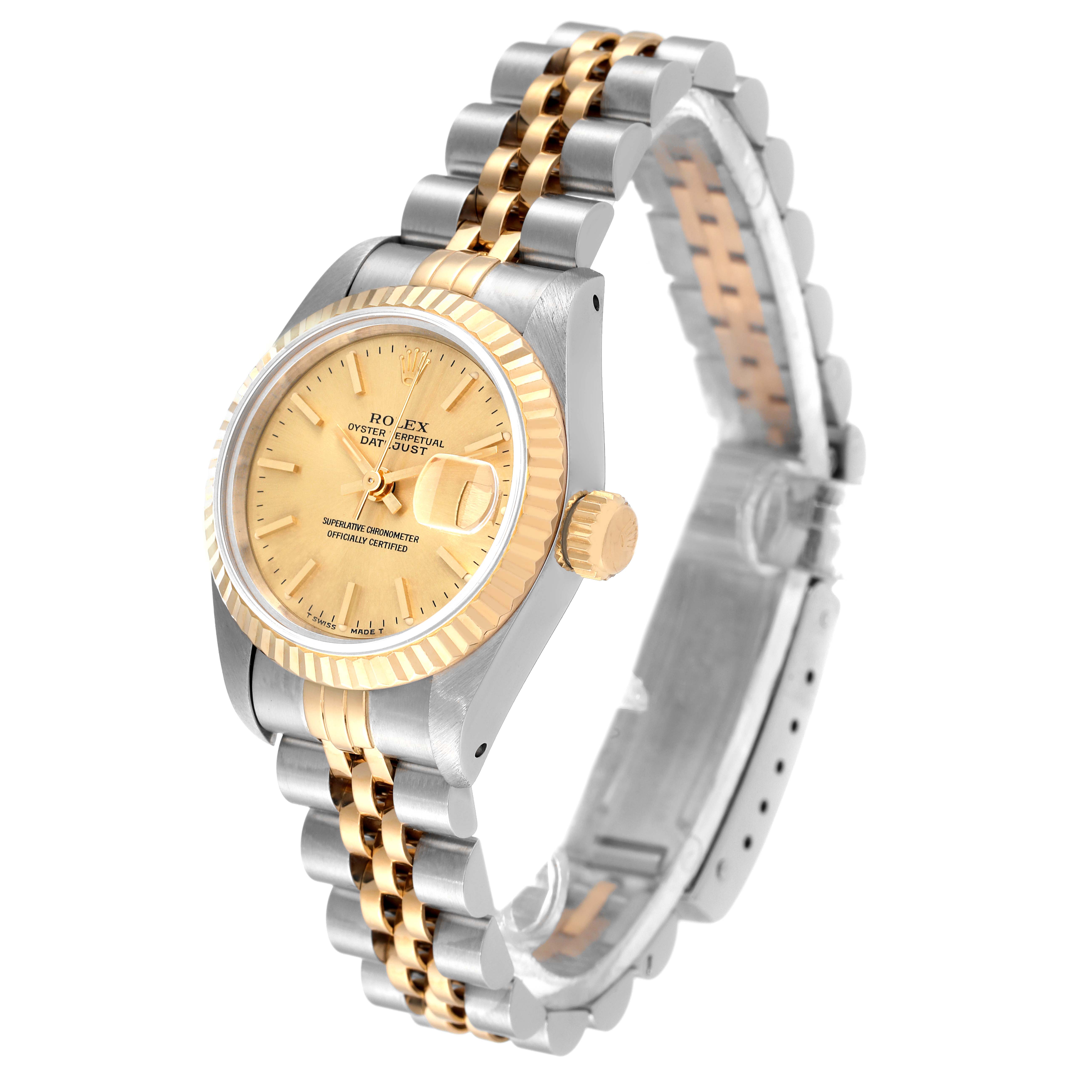 This image shows a Rolex Datejust 69173 Women's Steel and Gold (two tone) Champagne Dial 69173 Women's Steel and Gold (two tone) Champagne Dial watch at a three-quarter angle, highlighting the face, crown, and two-tone bracelet.