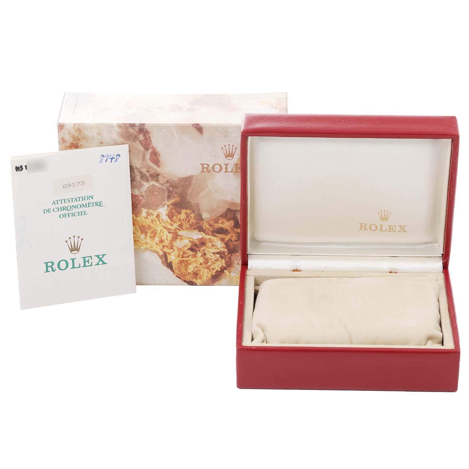 The image shows a Rolex Datejust 69173 Women's Steel and Gold (two tone) Champagne Dial 69173 Women's Steel and Gold (two tone) Champagne Dial watch box, its outer packaging, and an official chronometer certificate.