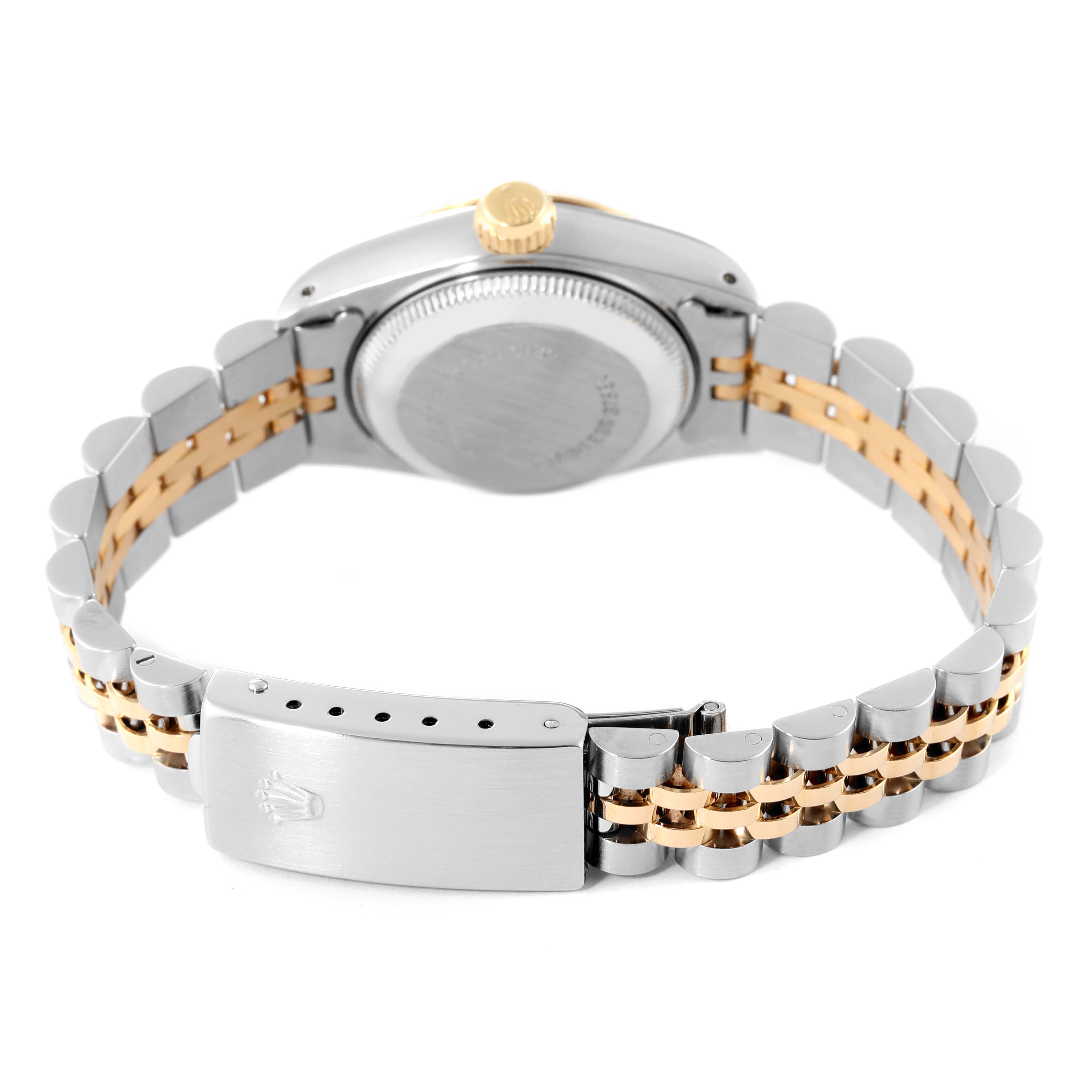 This image shows the back of a Rolex Datejust 69173 Women's Steel and Gold (two tone) Champagne Dial 69173 Women's Steel and Gold (two tone) Champagne Dial watch, highlighting the clasp and two-tone bracelet.
