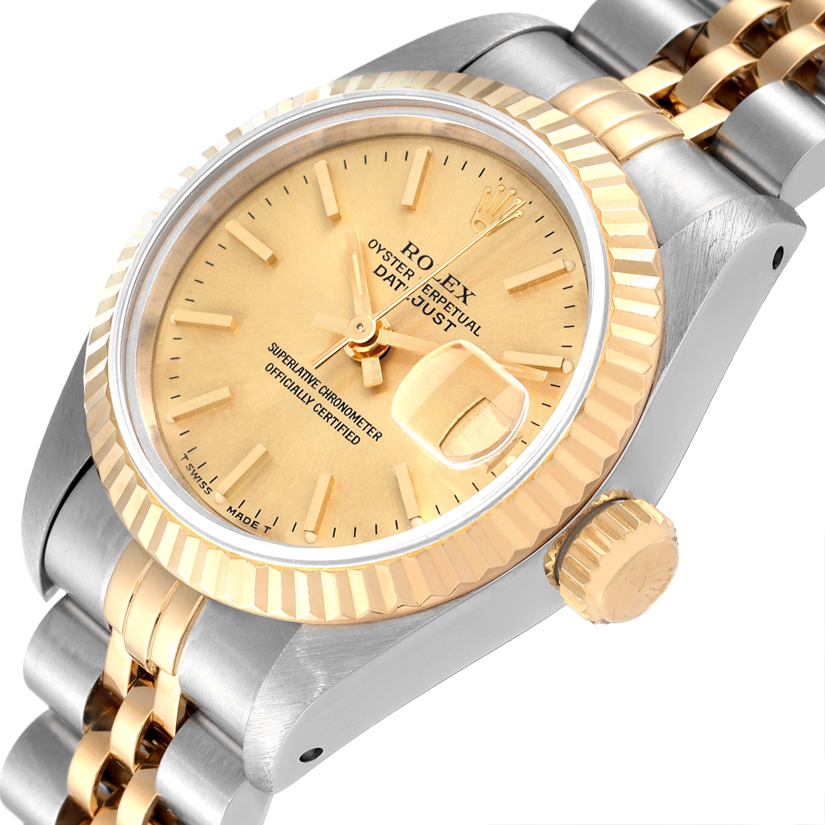 The Rolex Datejust 69173 Women's Steel and Gold (two tone) Champagne Dial 69173 Women's Steel and Gold (two tone) Champagne Dial watch is shown at an angled close-up, displaying the gold dial, bezel, crown, and part of the jubilee bracelet.