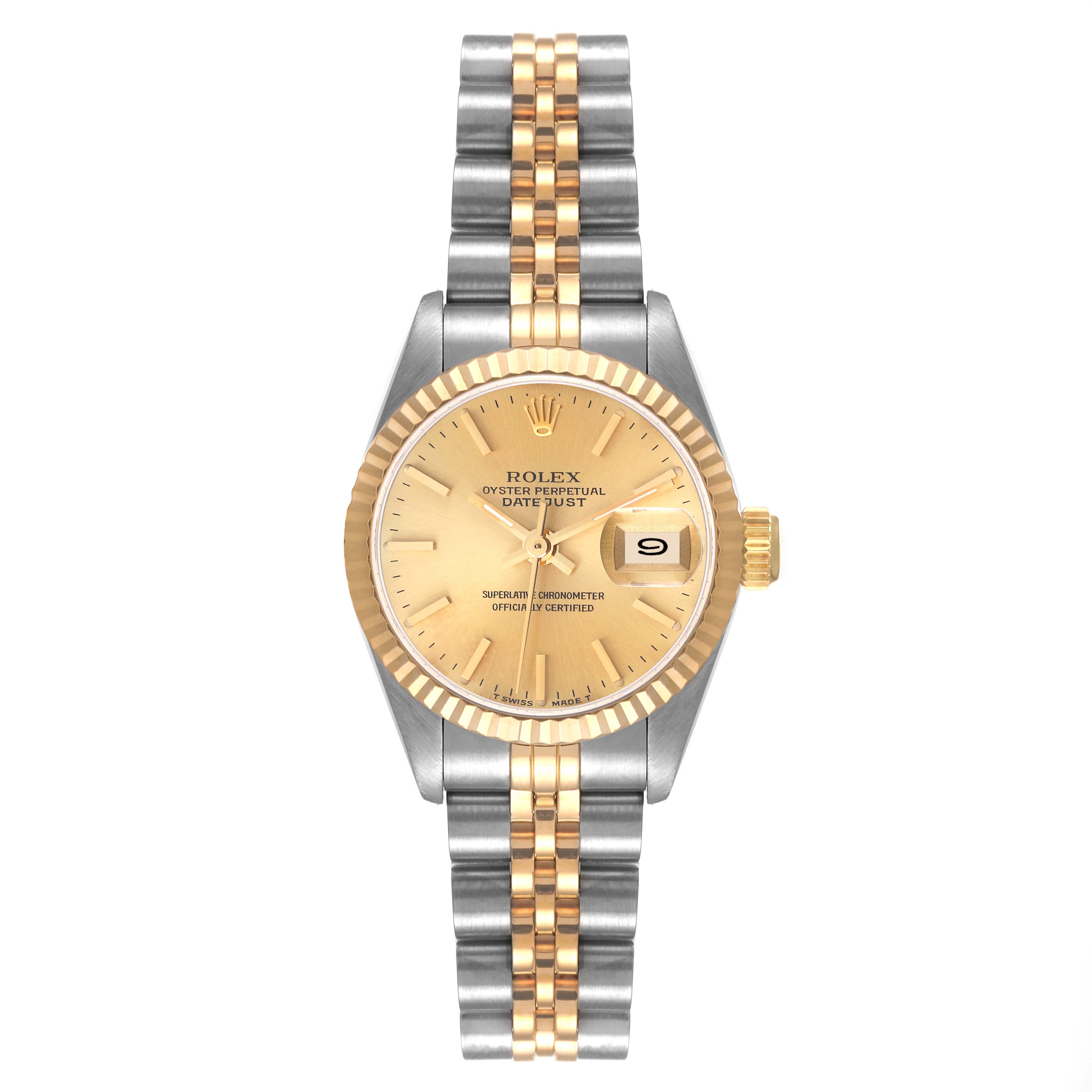 This image shows a frontal view of a Rolex Datejust 69173 Women's Steel and Gold (two tone) Champagne Dial 69173 Women's Steel and Gold (two tone) Champagne Dial watch, highlighting its face, bezel, and two-tone bracelet.