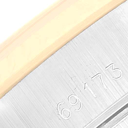 The image shows a close-up of the bezel and case with the engraved model number "69173" of a Rolex Datejust 69173 Women's Steel and Gold (two tone) Champagne Dial 69173 Women's Steel and Gold (two tone) Champagne Dial watch.