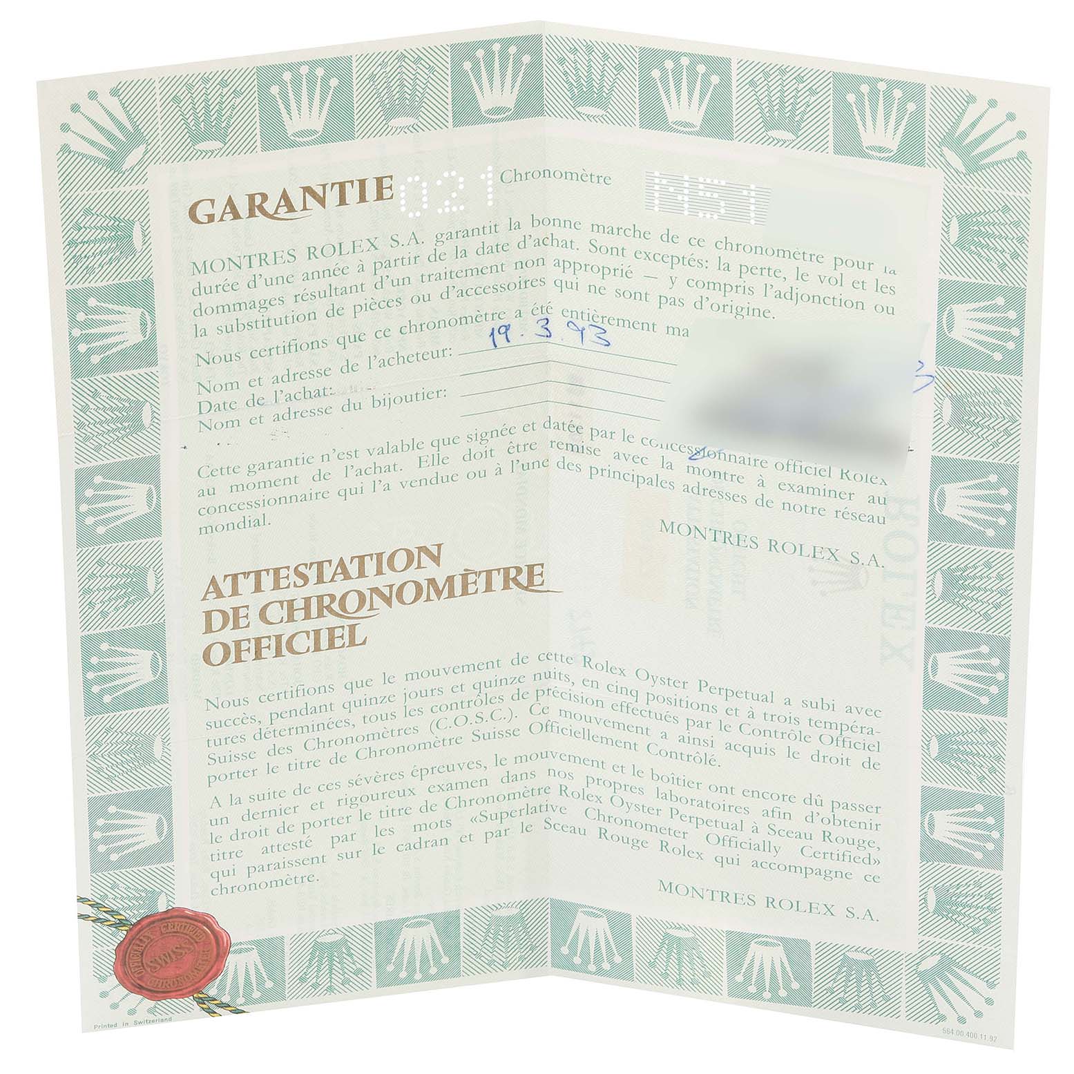 This image shows the warranty and chronometer certification document for a Rolex Datejust 69173 Women's Steel and Gold (two tone) Champagne Dial 69173 Women's Steel and Gold (two tone) Champagne Dial watch.