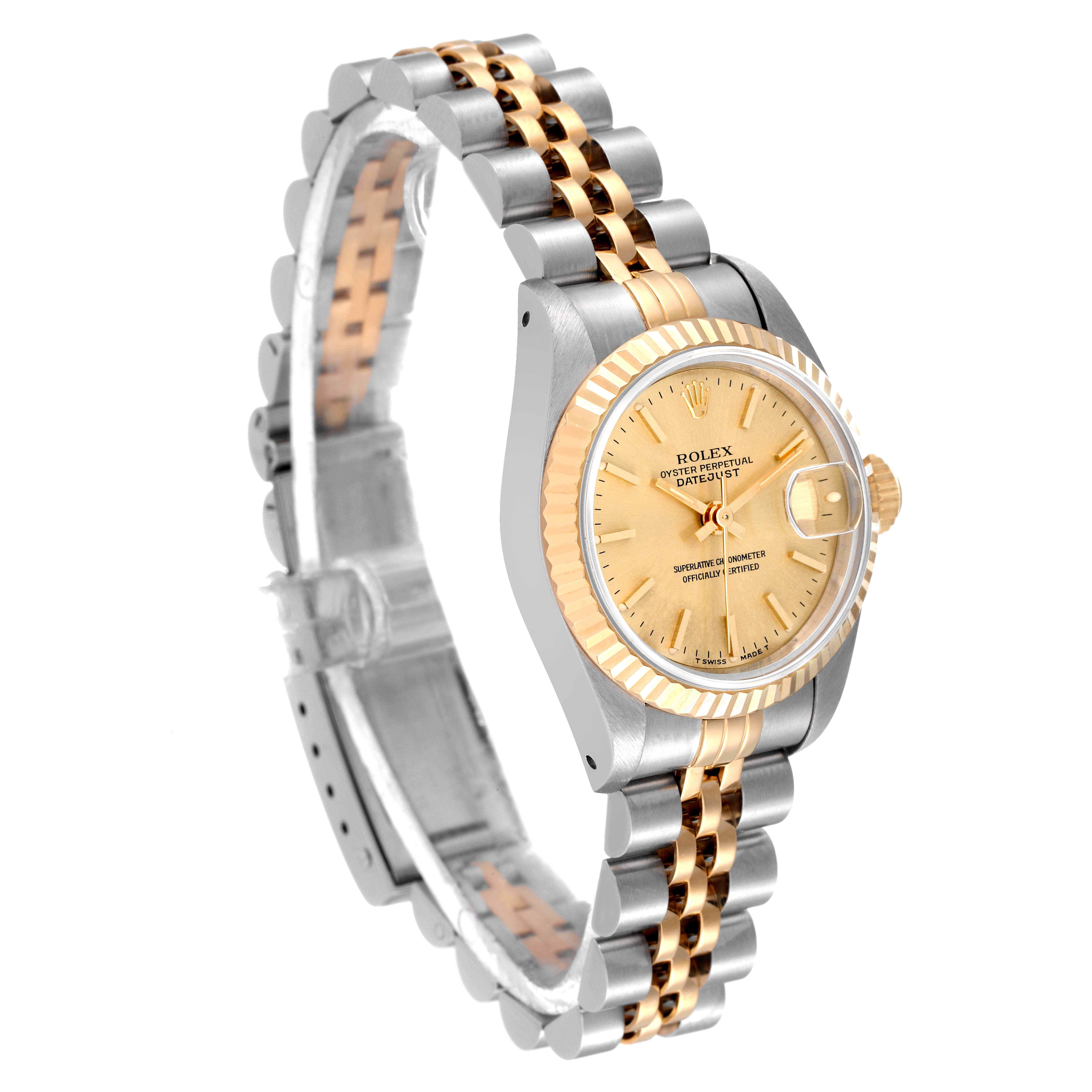 The image shows a side angle view of a Rolex Datejust 69173 Women's Steel and Gold (two tone) Champagne Dial 69173 Women's Steel and Gold (two tone) Champagne Dial watch, highlighting the gold and silver bracelet and the gold dial.