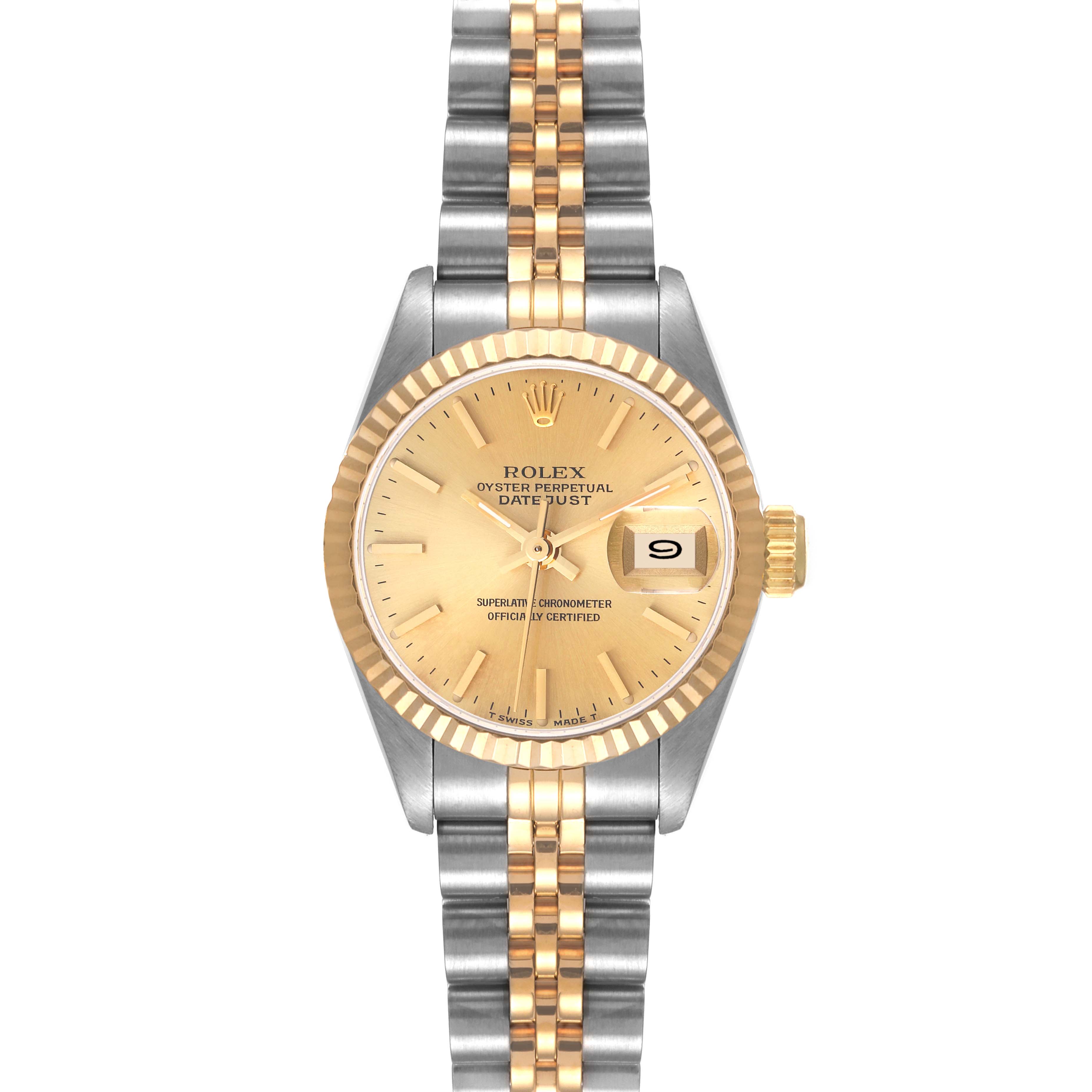 The image shows a Rolex Datejust 69173 Women's Steel and Gold (two tone) Champagne Dial 69173 Women's Steel and Gold (two tone) Champagne Dial watch from the front, highlighting its dial, bezel, bracelet, and date display.