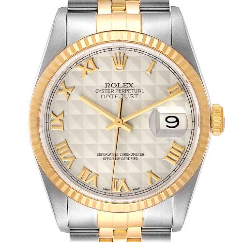 Photo of Rolex Datejust Steel Yellow Gold Pyramid Roman Dial Mens Watch 16233 Box Papers