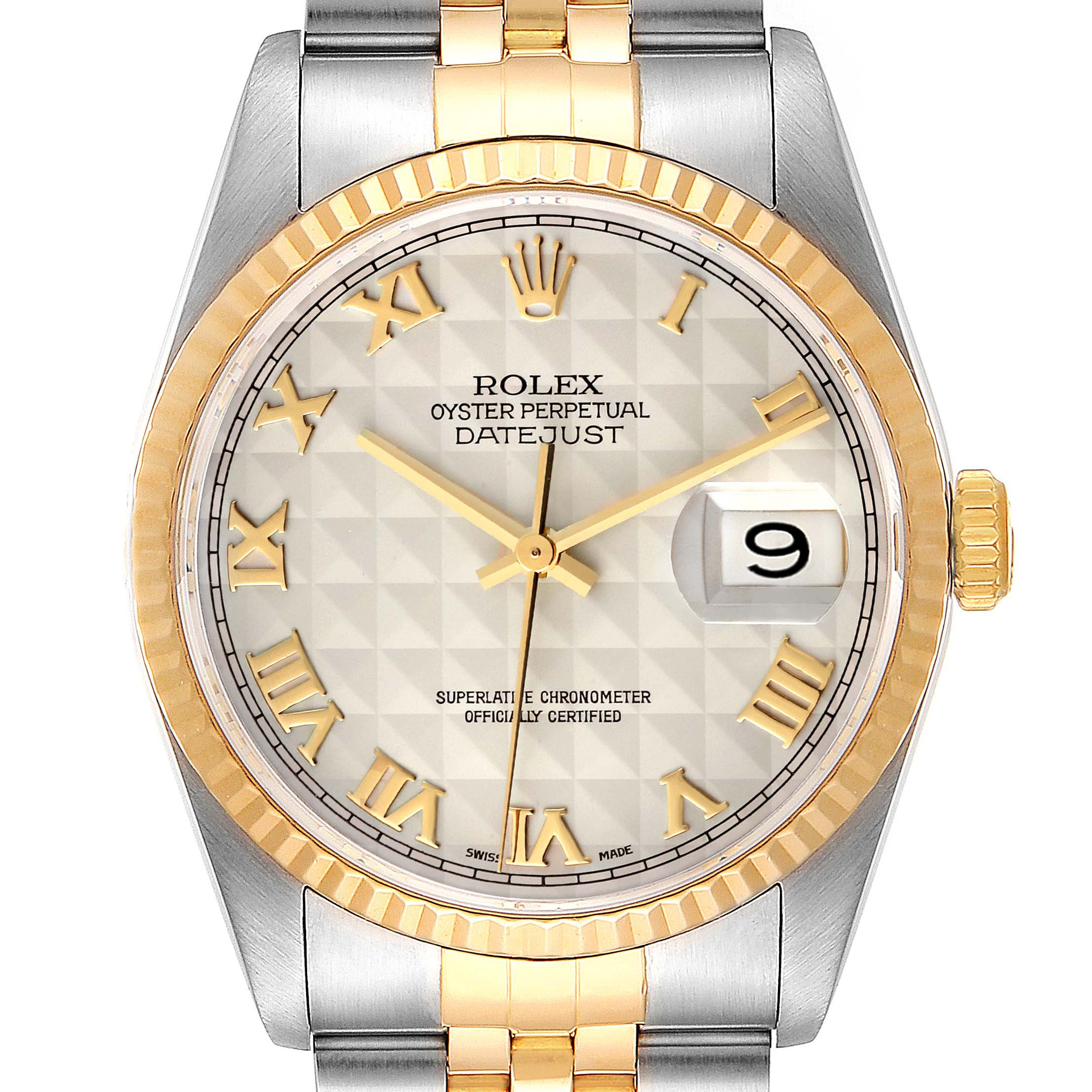 The image shows a front view of a Rolex Datejust 16233 Men's Steel and Gold (two tone) Beige Dial 16233 Men's Steel and Gold (two tone) Beige Dial watch featuring a two-tone gold and silver design with a date display.