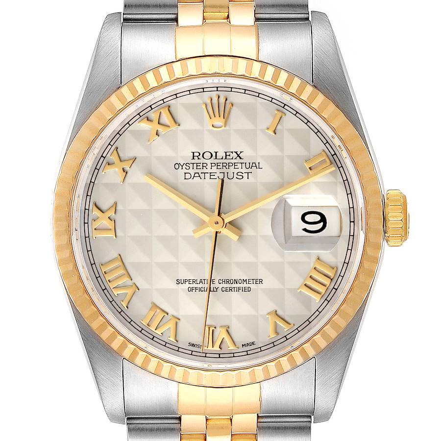 Rolex Datejust Steel Yellow Gold Pyramid Roman Dial Mens Watch 16233 Box Papers SwissWatchExpo