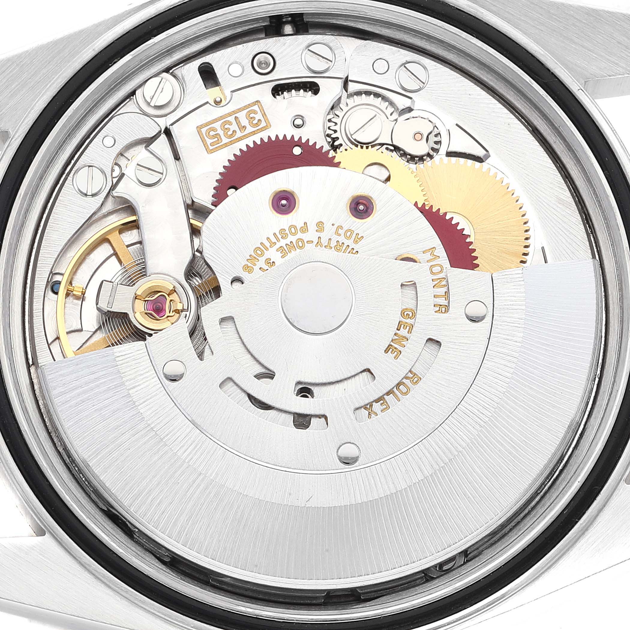 This image shows the internal mechanism of a Rolex Datejust 16233 Men's Steel and Gold (two tone) Beige Dial 16233 Men's Steel and Gold (two tone) Beige Dial model from a back or case-back removed angle.