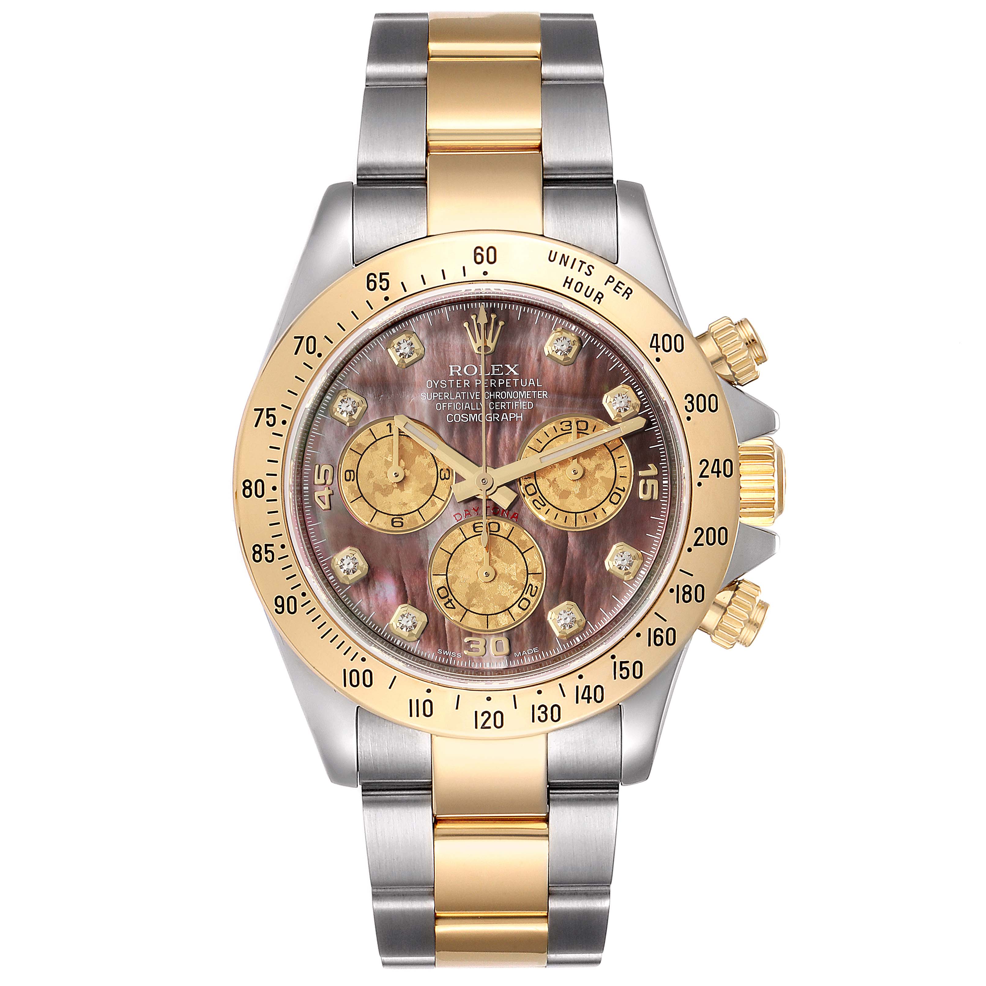 The image shows a front view of a Rolex Daytona 116523 Men's Steel and Gold (two tone) Mother of Pearl Dial 116523 Men's Steel and Gold (two tone) Mother of Pearl Dial watch with a two-tone stainless steel and gold bracelet.