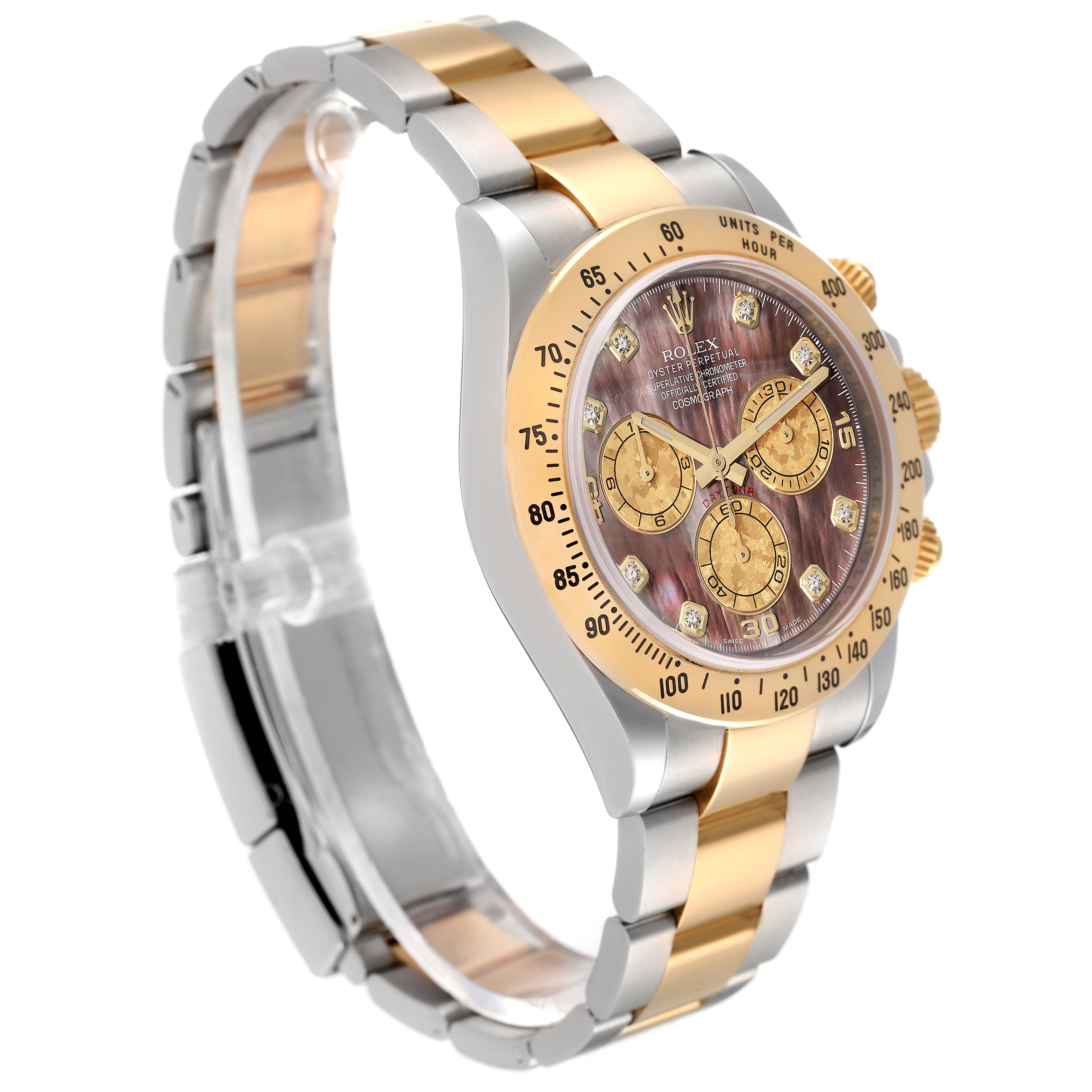 This image shows a side and partial front angle of a Rolex Daytona 116523 Men's Steel and Gold (two tone) Mother of Pearl Dial 116523 Men's Steel and Gold (two tone) Mother of Pearl Dial watch, highlighting its dial, bezel, and bracelet.