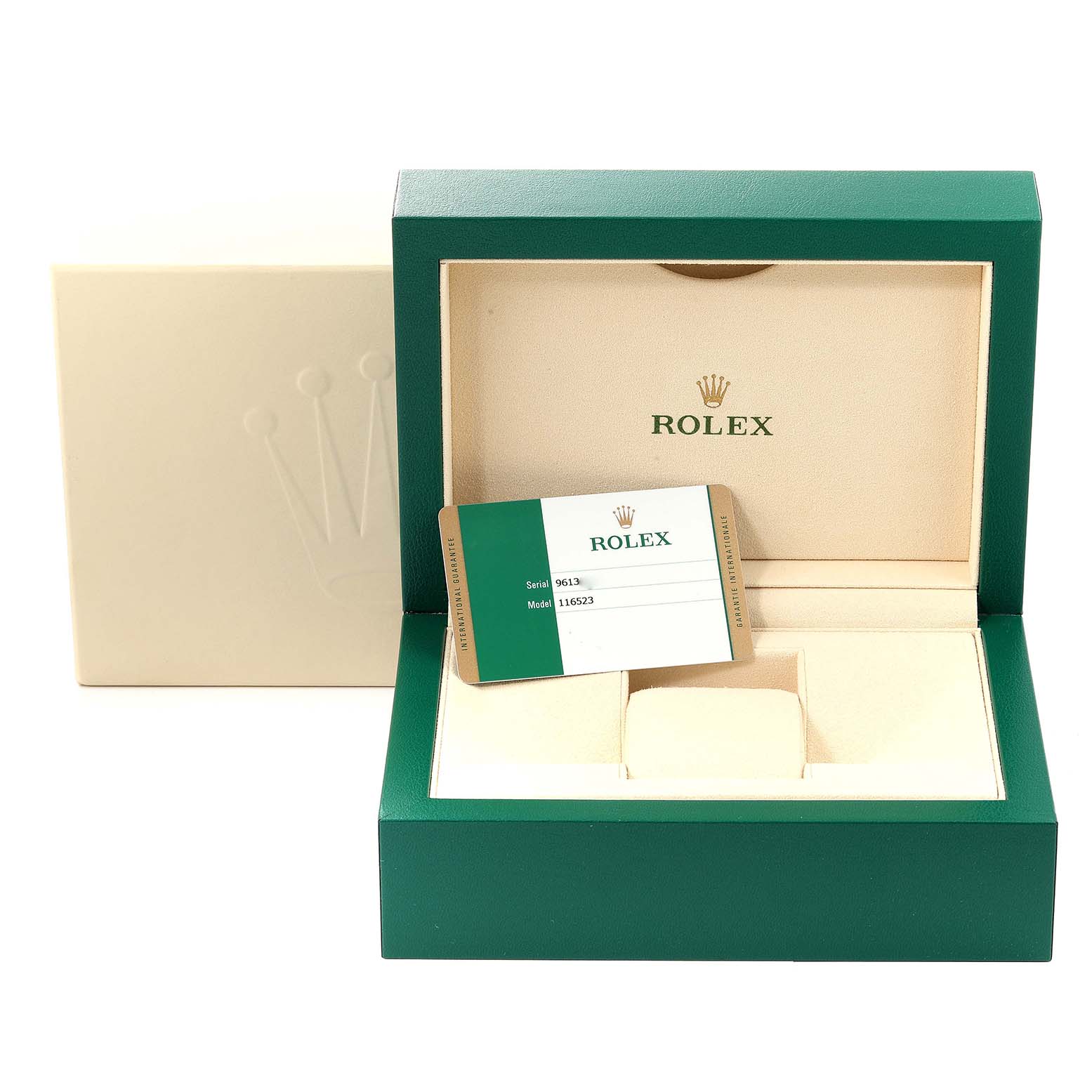The image shows the packaging box and certificate card for a Rolex Daytona 116523 Men's Steel and Gold (two tone) Mother of Pearl Dial 116523 Men's Steel and Gold (two tone) Mother of Pearl Dial watch from a front angle.