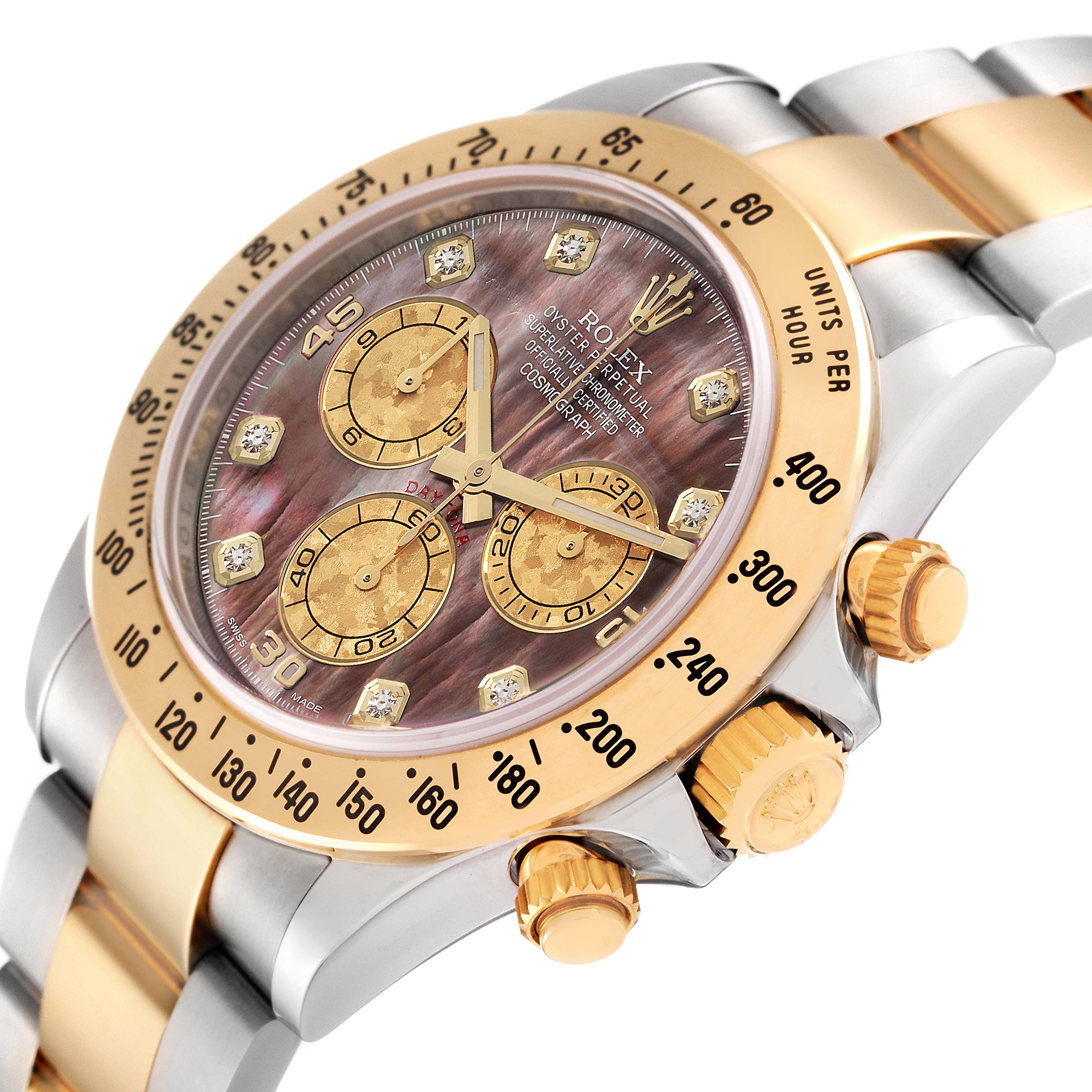 This image shows a close-up, angled view of a Rolex Daytona 116523 Men's Steel and Gold (two tone) Mother of Pearl Dial 116523 Men's Steel and Gold (two tone) Mother of Pearl Dial watch, highlighting the dial, bezel, and crown.