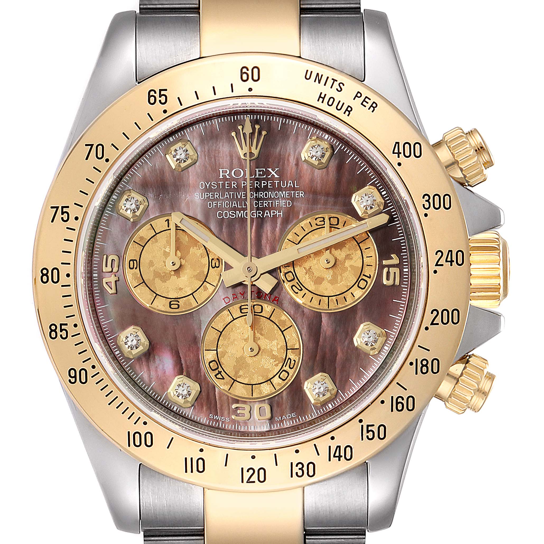 This image shows a front view of the Rolex Daytona 116523 Men's Steel and Gold (two tone) Mother of Pearl Dial 116523 Men's Steel and Gold (two tone) Mother of Pearl Dial watch, highlighting its dial, bezels, and chronograph subdials.