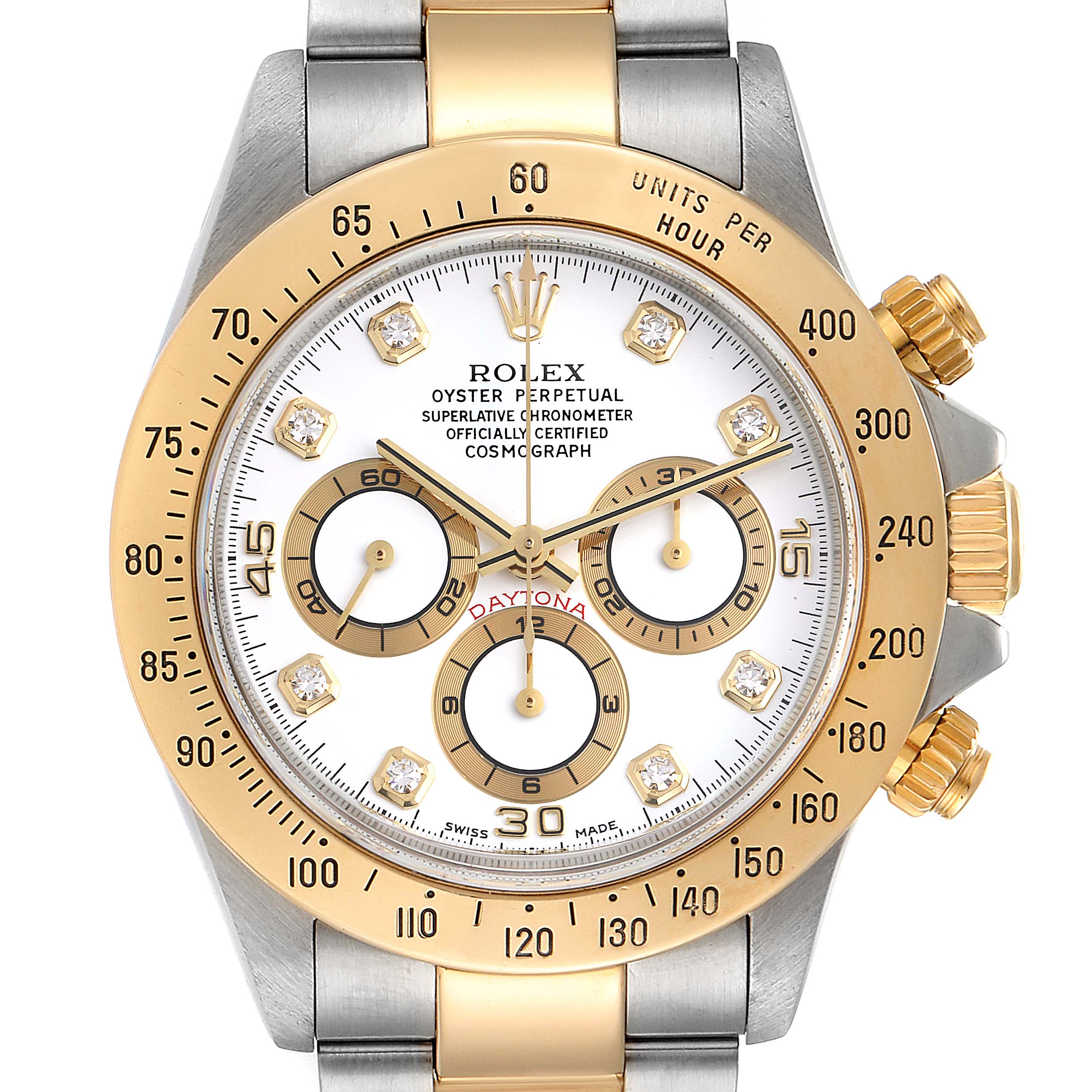 This image shows a Rolex Daytona 16523 Men
s Steel and Gold (two tone) White Dial 16523 Men
s Steel and Gold (two tone) White Dial watch from a close-up front angle, highlighting its bezel, face, sub-dials, and two-tone bracelet.