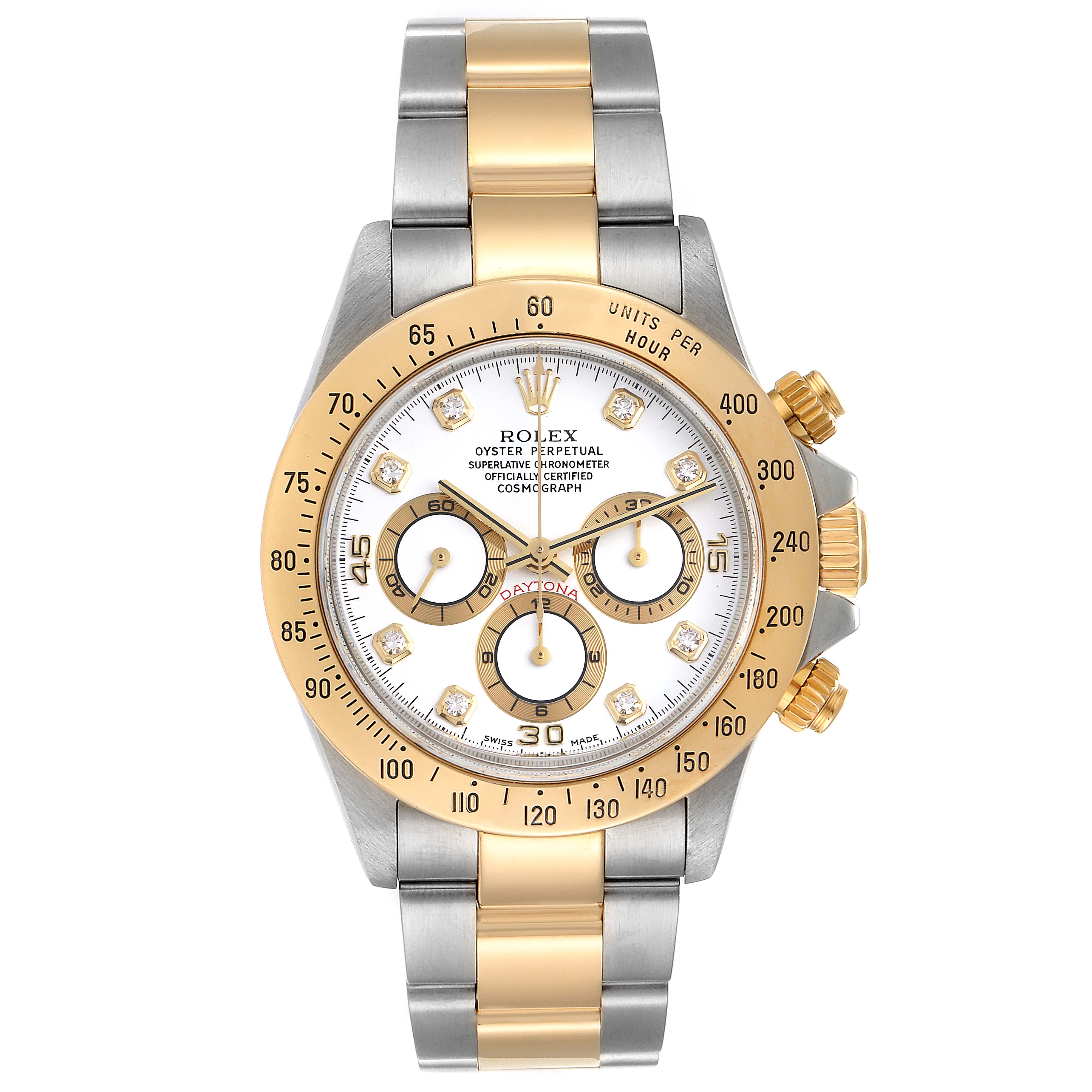 The image shows a Rolex Daytona 16523 Men
s Steel and Gold (two tone) White Dial 16523 Men
s Steel and Gold (two tone) White Dial watch, featuring a gold bezel, white dial, and a two-tone gold and silver bracelet.