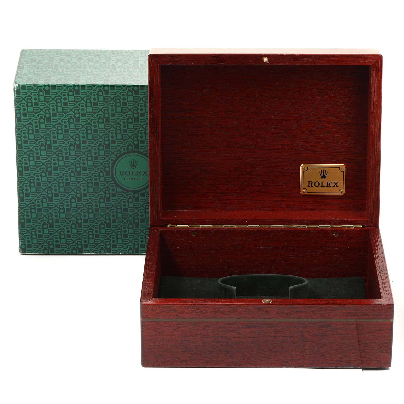 The image shows an open wooden Rolex Daytona 16523 Men
s Steel and Gold (two tone) White Dial 16523 Men
s Steel and Gold (two tone) White Dial watch box with a green patterned outer box.