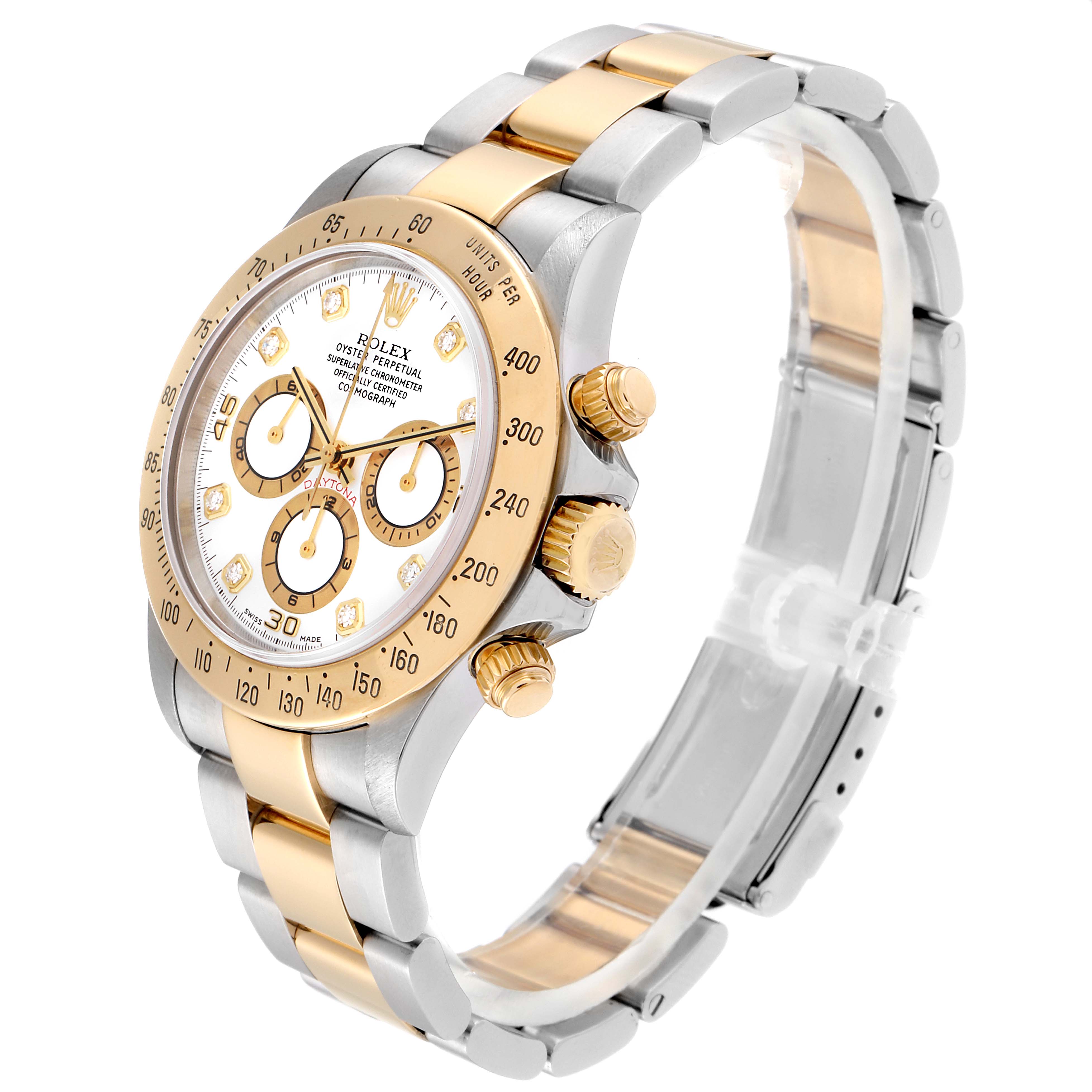 The image shows the Rolex Daytona 16523 Men
s Steel and Gold (two tone) White Dial 16523 Men
s Steel and Gold (two tone) White Dial watch at an angled side view, highlighting the dial, bezel, pushers, and bracelet.