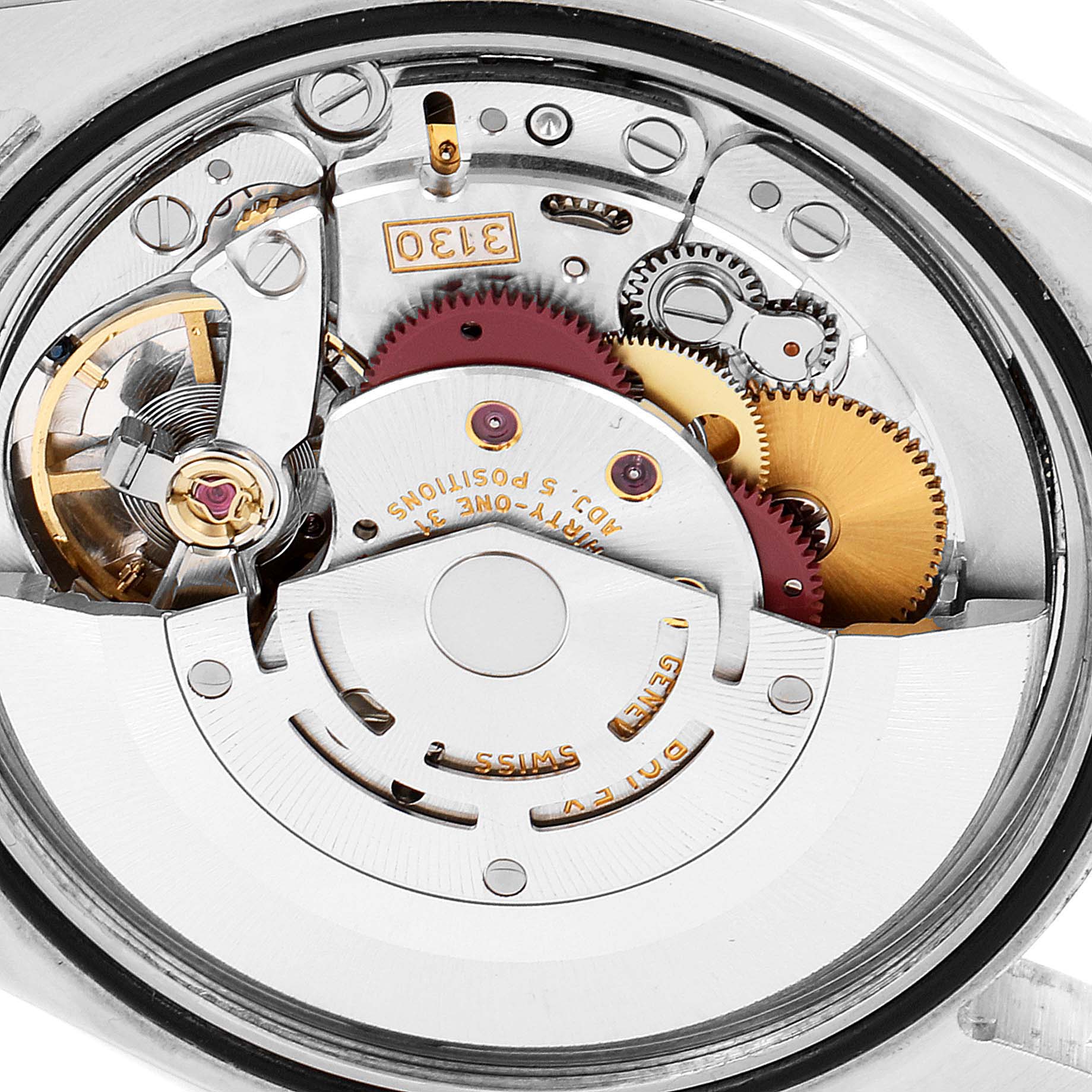 The image shows the intricate internal mechanism of a Rolex Explorer 114270 Men's Stainless Steel Black Dial 114270 Men's Stainless Steel Black Dial watch, including gears and the rotor.