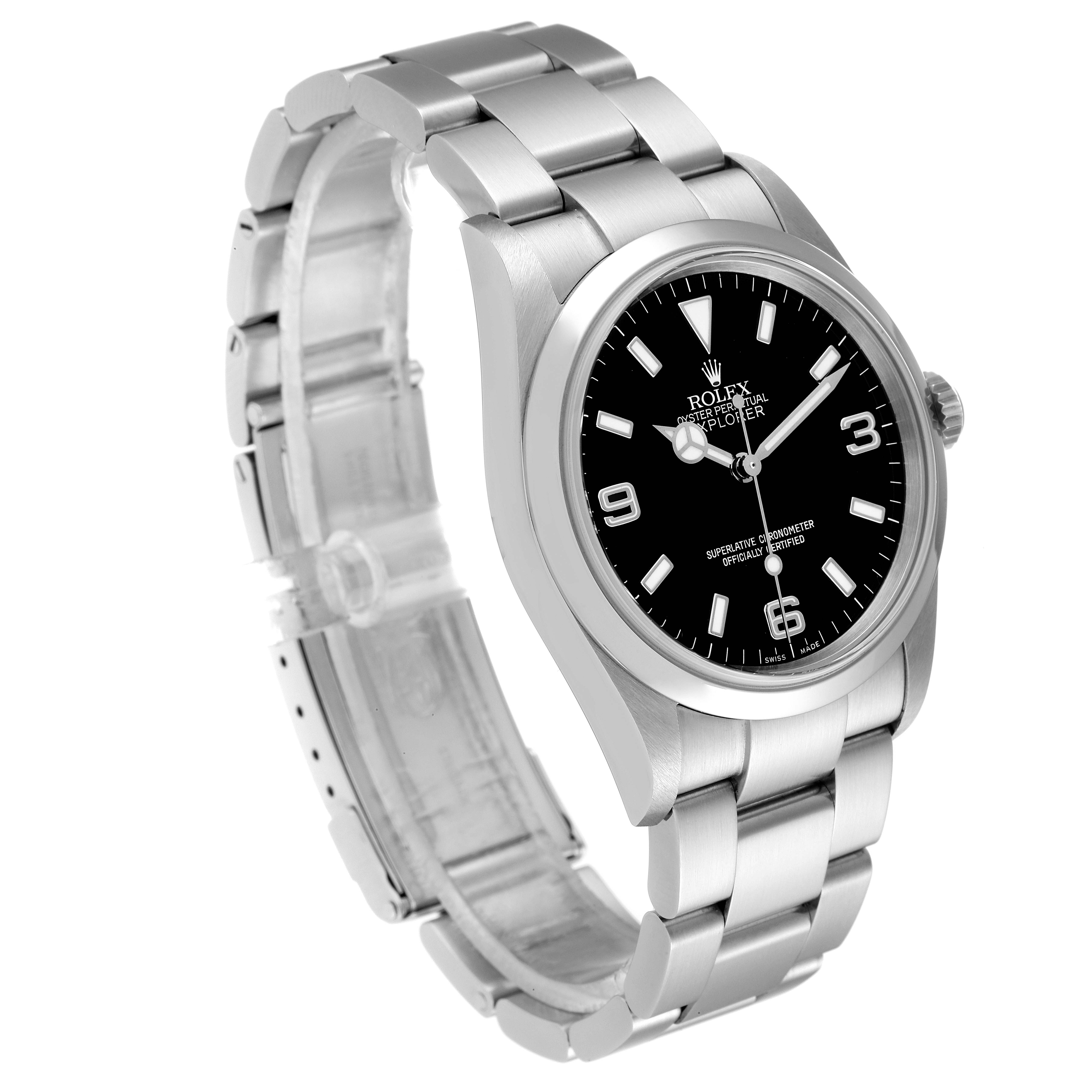 The image shows a Rolex Explorer 114270 Men's Stainless Steel Black Dial 114270 Men's Stainless Steel Black Dial model watch at a three-quarter angle, highlighting its face, bezel, and bracelet.