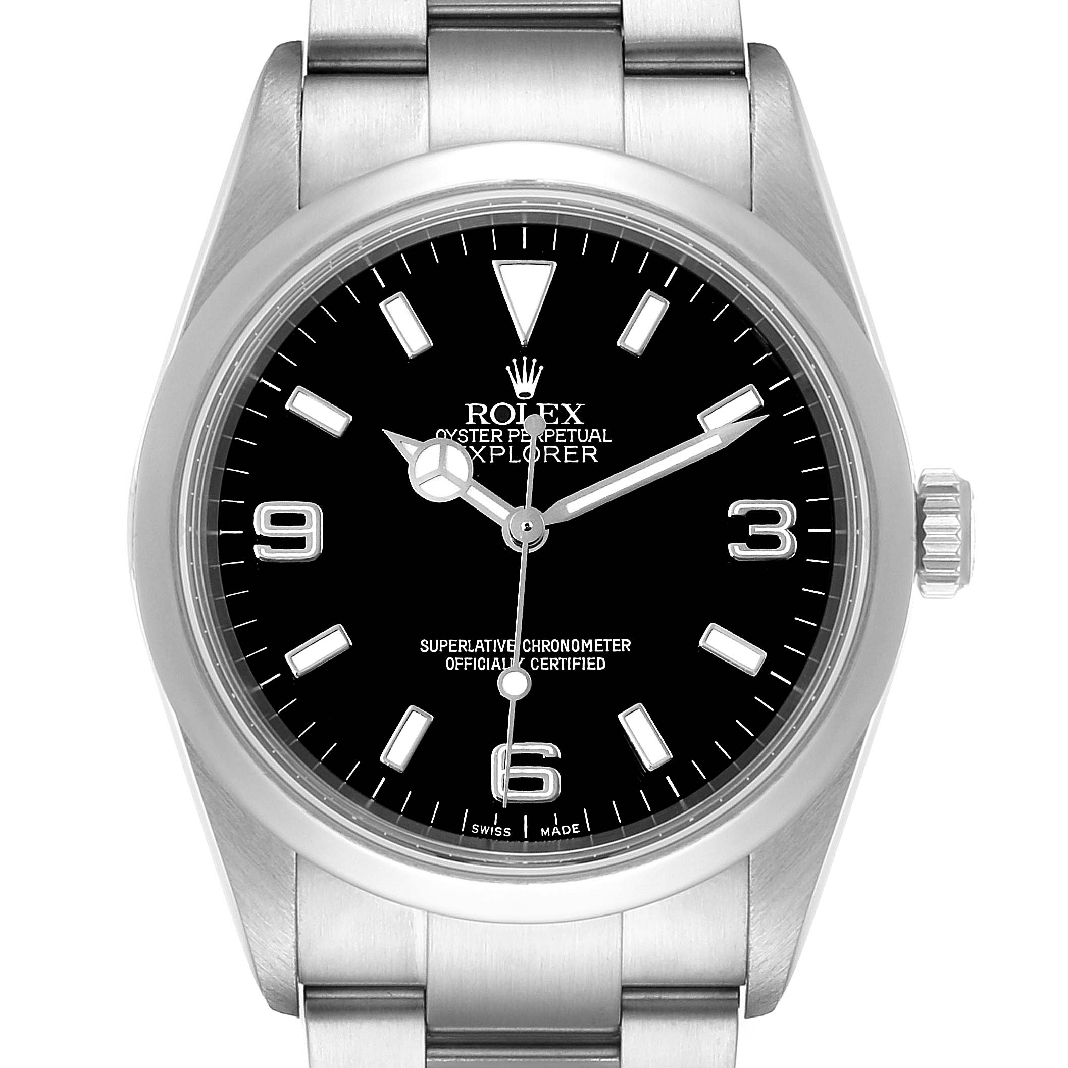 The image shows a front view of a Rolex Explorer 114270 Men's Stainless Steel Black Dial 114270 Men's Stainless Steel Black Dial watch, highlighting its black dial, stainless steel case, and bracelet.