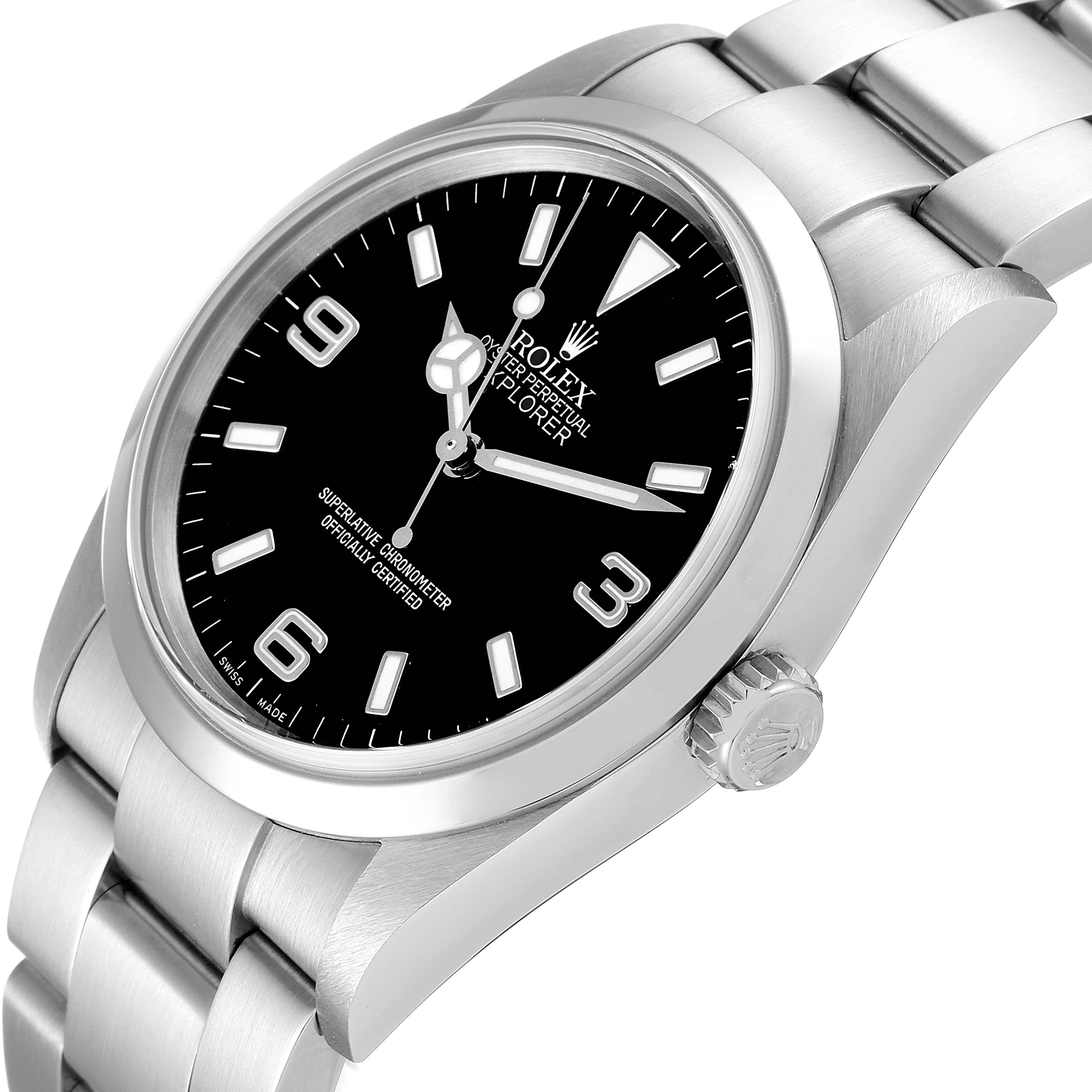 The image shows a Rolex Explorer 114270 Men's Stainless Steel Black Dial 114270 Men's Stainless Steel Black Dial watch from a slightly angled top view, highlighting the dial, crown, and bracelet.