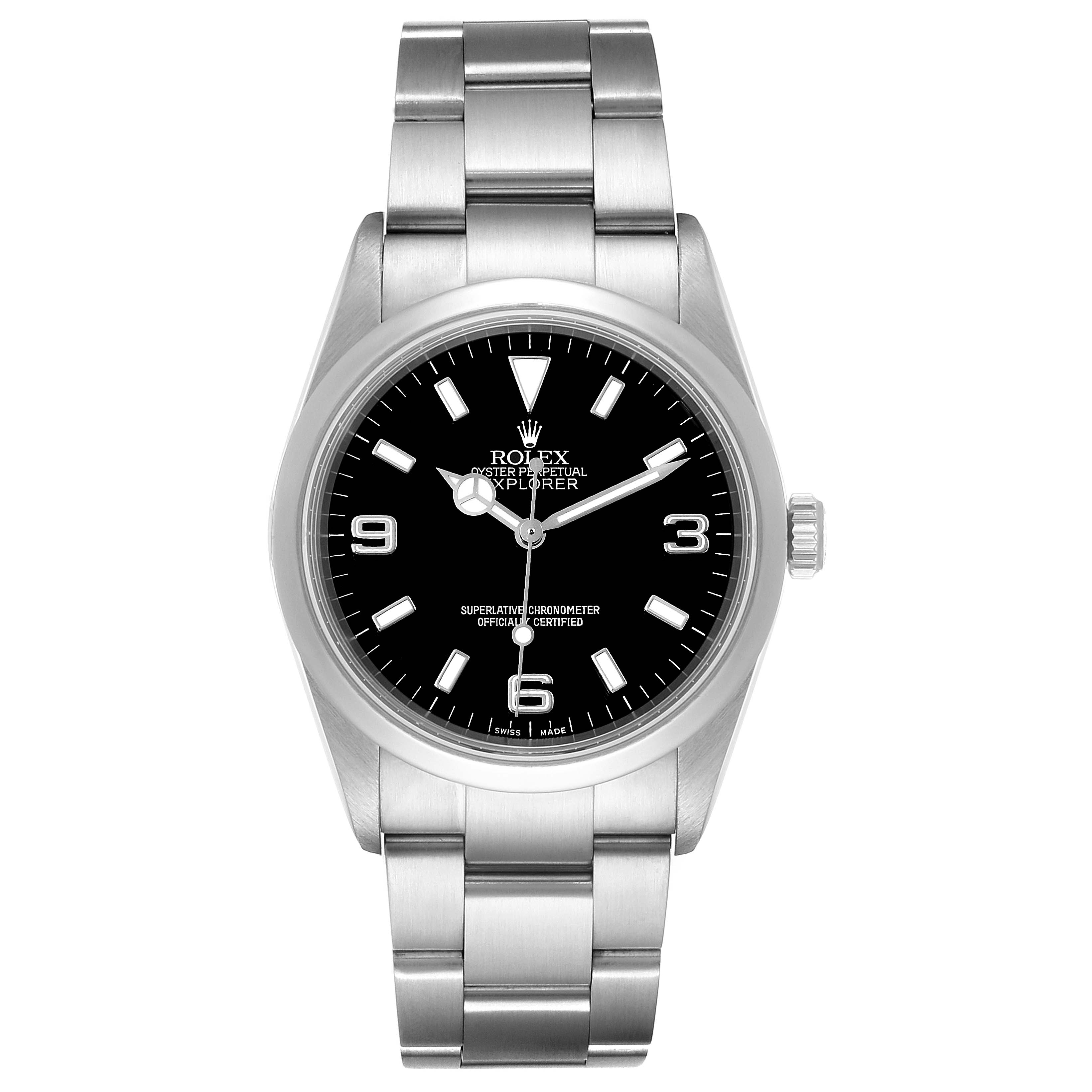 This image shows a front view of a Rolex Explorer 114270 Men's Stainless Steel Black Dial 114270 Men's Stainless Steel Black Dial model watch with a black dial and stainless steel bracelet.