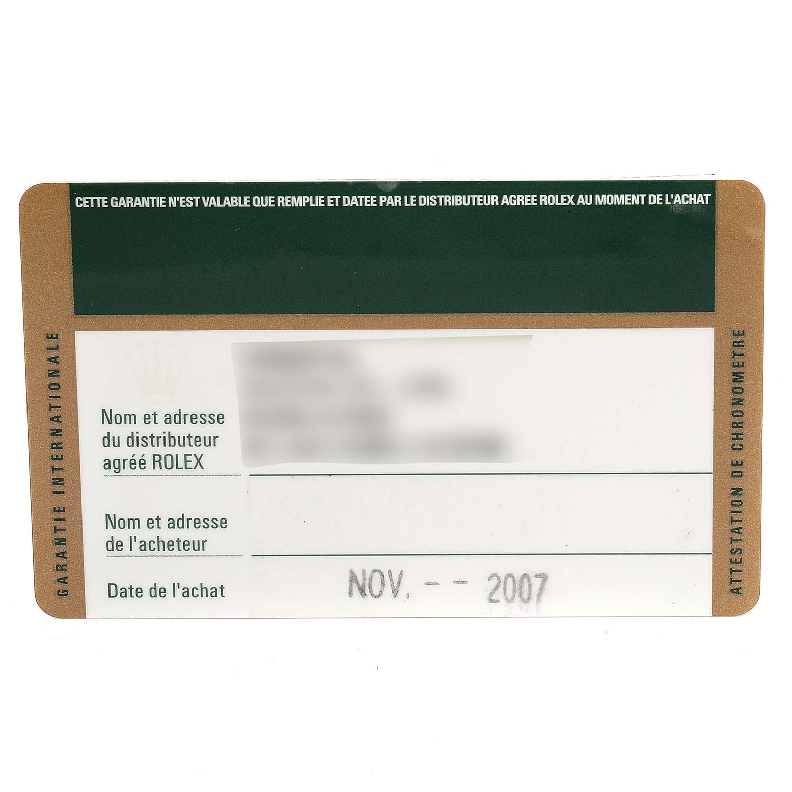 The image shows the warranty card for the Rolex Explorer 114270 Men's Stainless Steel Black Dial 114270 Men's Stainless Steel Black Dial, displaying the dealer's and buyer's information and purchase date.