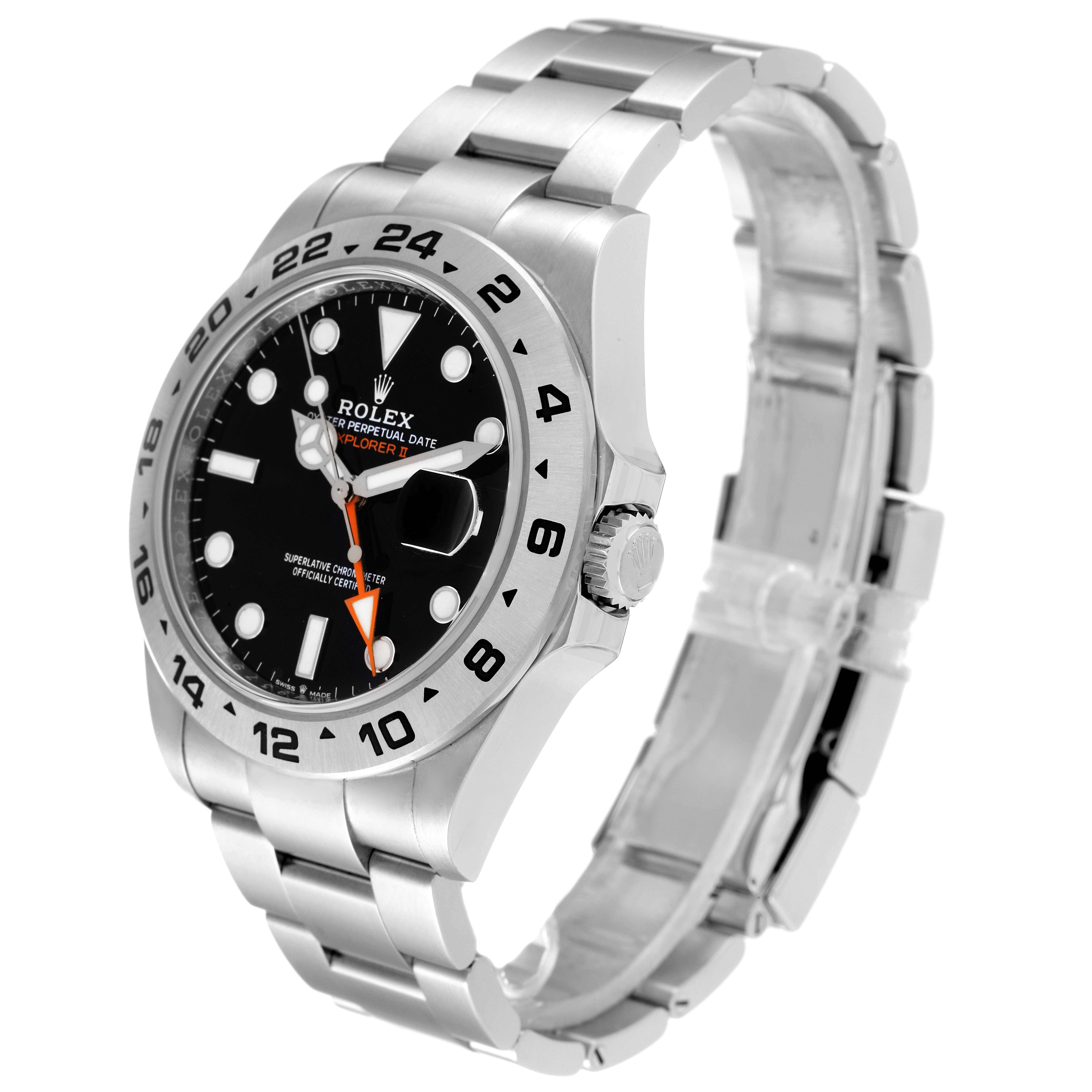 The Rolex Explorer 226570 Men's Stainless Steel Black Dial 226570 Men's Stainless Steel Black Dial watch is shown at a slight side angle, displaying its bezel, crown, dial, hands, and stainless steel bracelet.