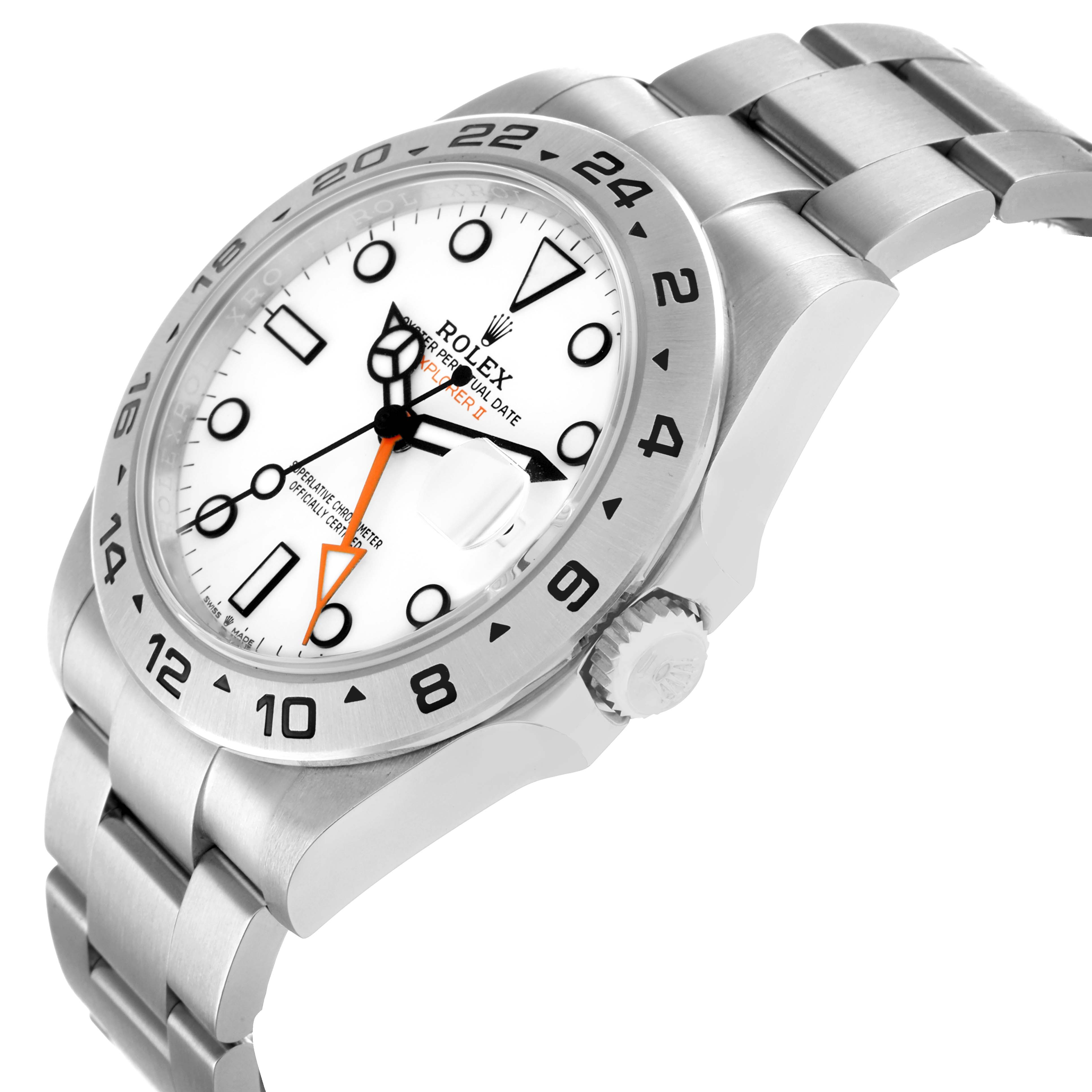 The Rolex Explorer 226570 Men
s Stainless Steel White Dial watch is shown at a three-quarter angle, displaying the dial, bezel, and part of the bracelet.