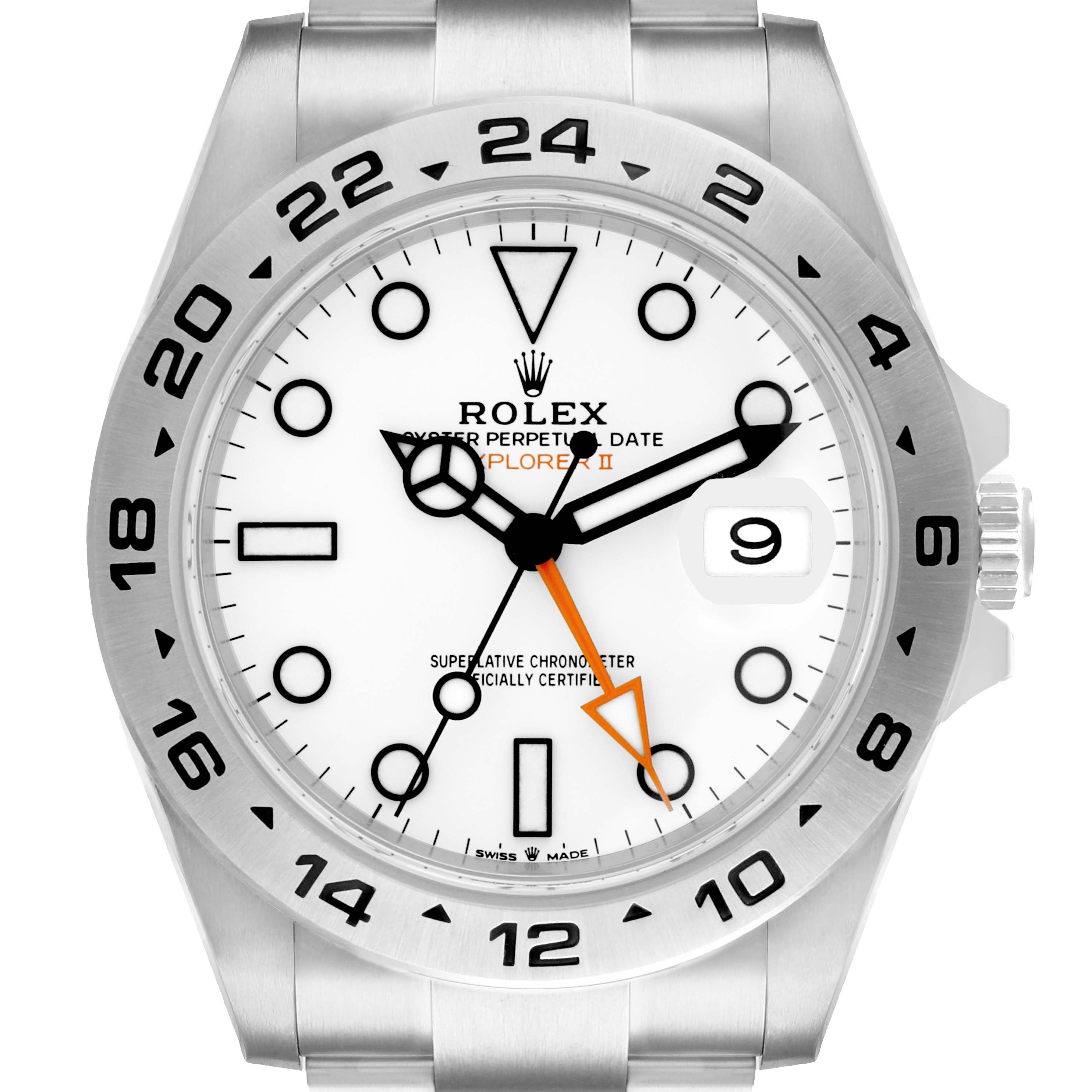 The Rolex Explorer 226570 Men
s Stainless Steel White Dial model is shown from a front angle, displaying the dial, bezel, hands, and part of the bracelet.
