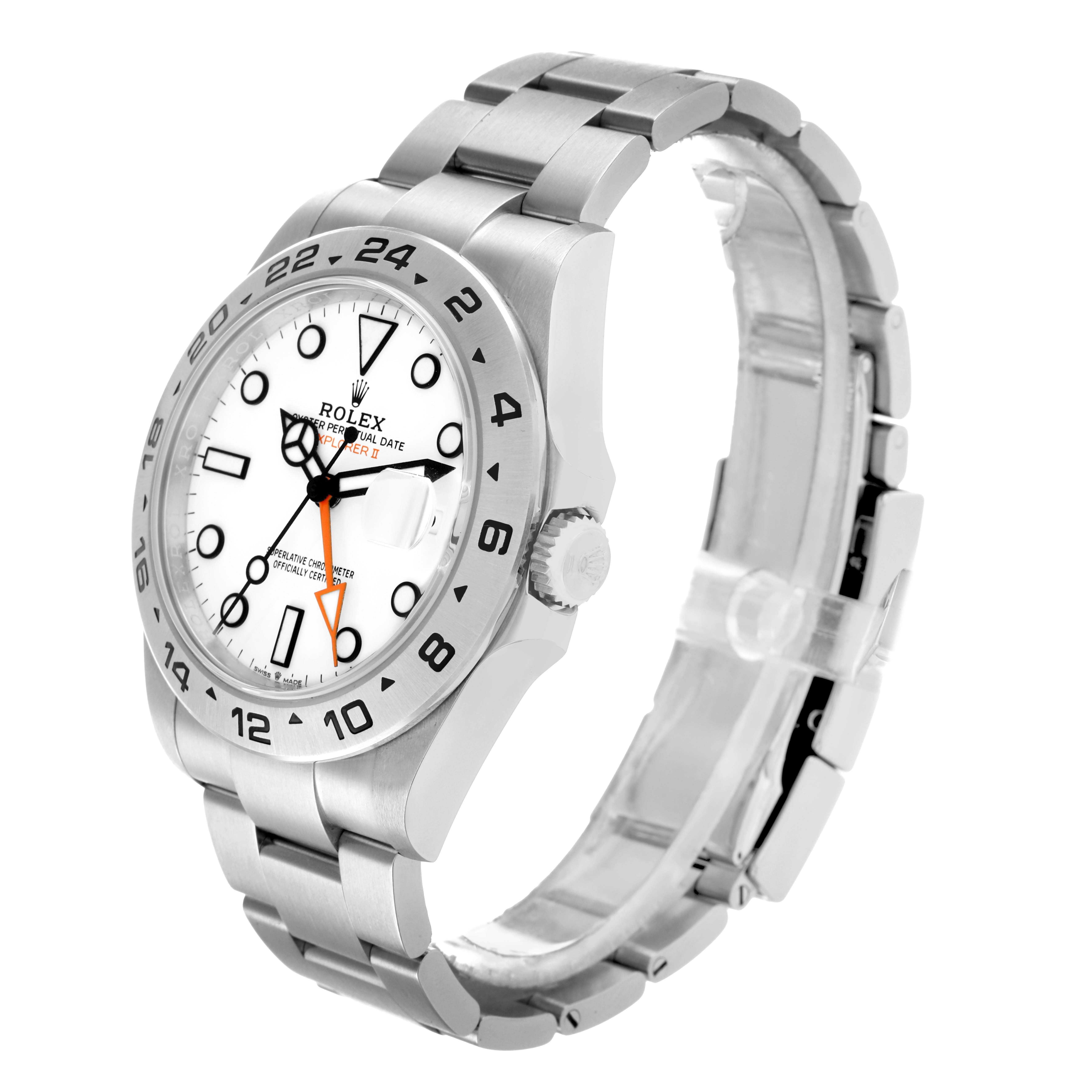 The Rolex Explorer 226570 Men
s Stainless Steel White Dial watch is shown at a three-quarter angle, highlighting the face, bezel, crown, and bracelet.