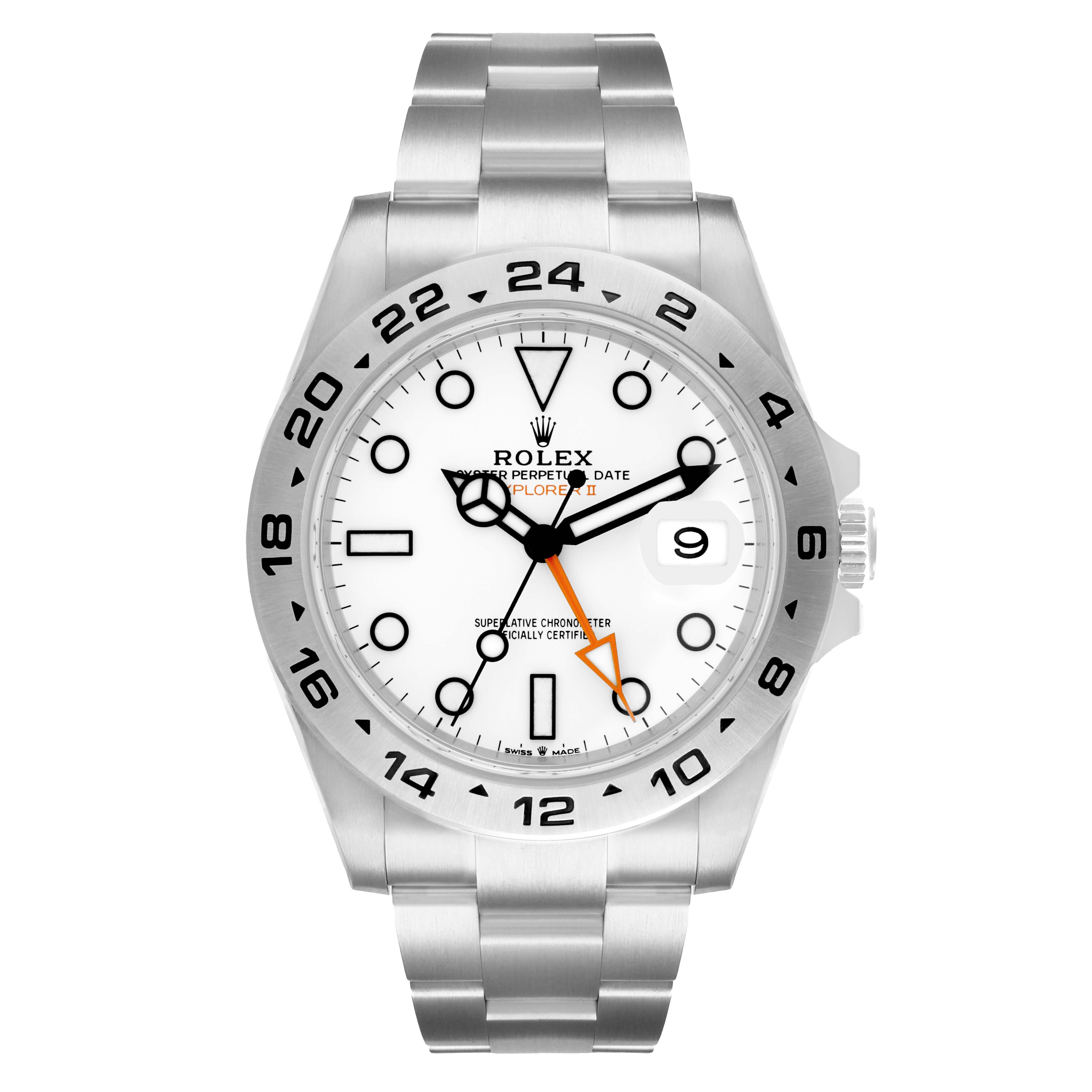 The Rolex Explorer 226570 Men
s Stainless Steel White Dial watch is shown from a front view, highlighting the dial, bezel, lugs, crown, and bracelet.