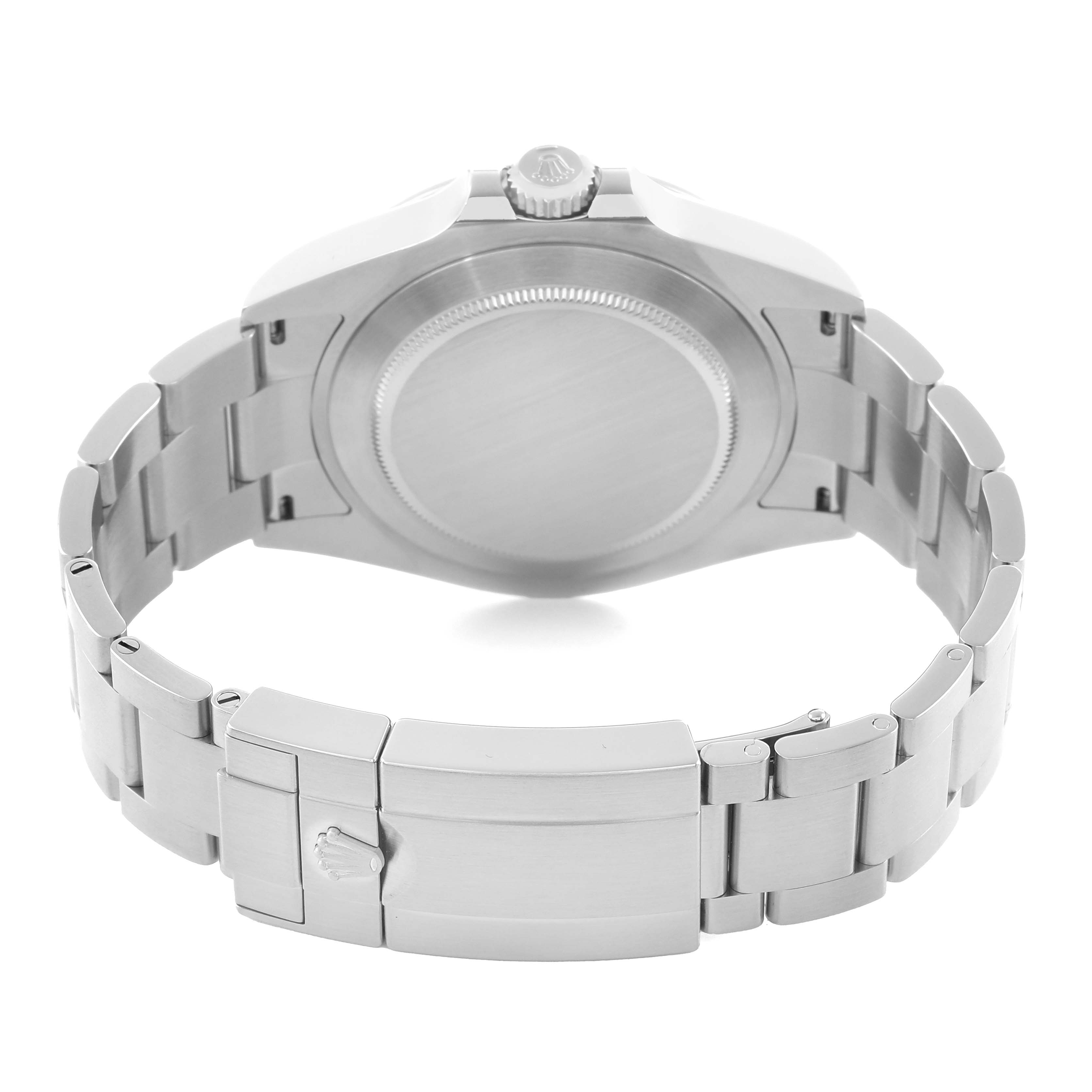 The image shows the back of a Rolex Explorer 226570 Men
s Stainless Steel White Dial, highlighting the case back, bracelet, and clasp from a rear angle.