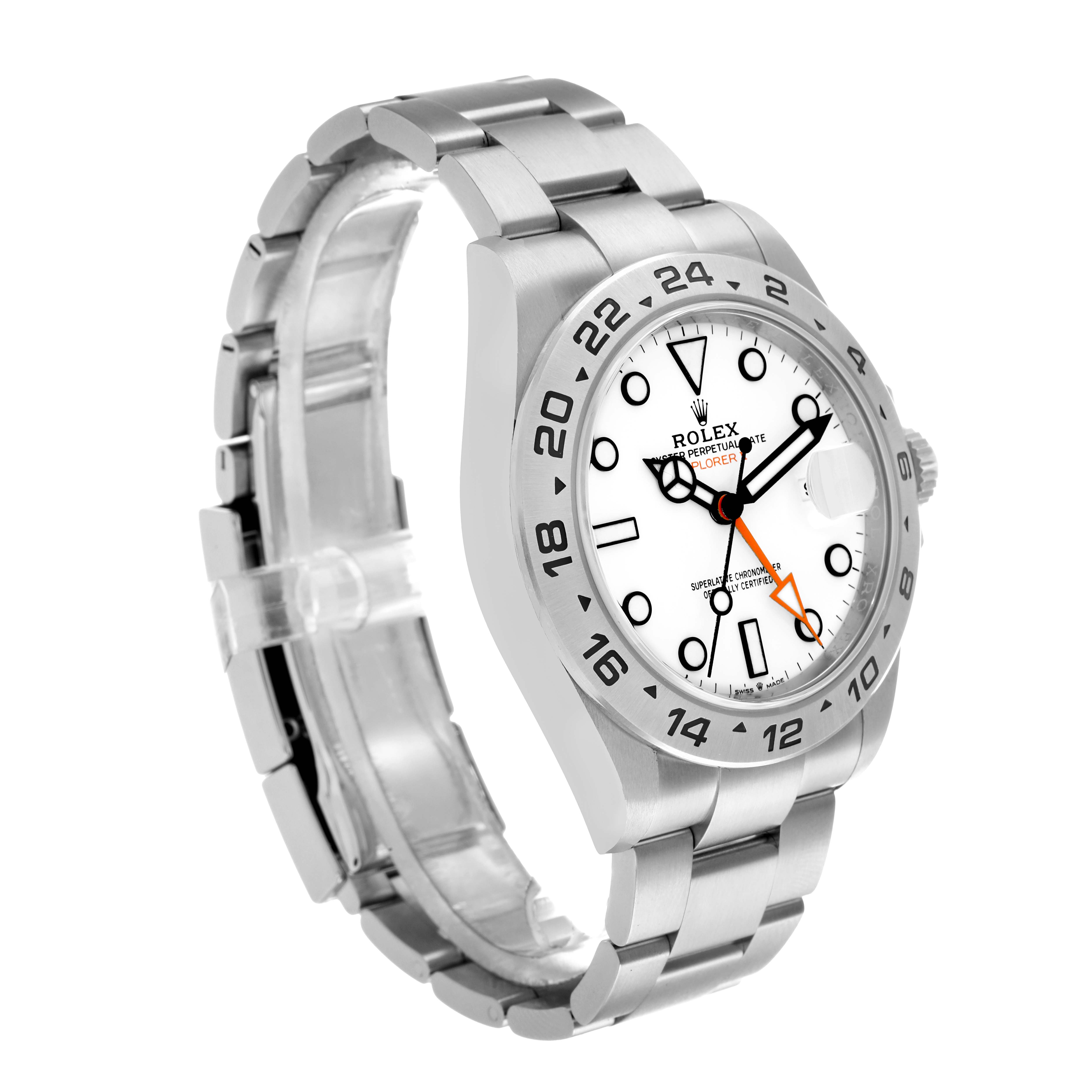 The Rolex Explorer 226570 Men
s Stainless Steel White Dial watch is shown at a three-quarter angle, displaying the face, bezel, and part of the bracelet.