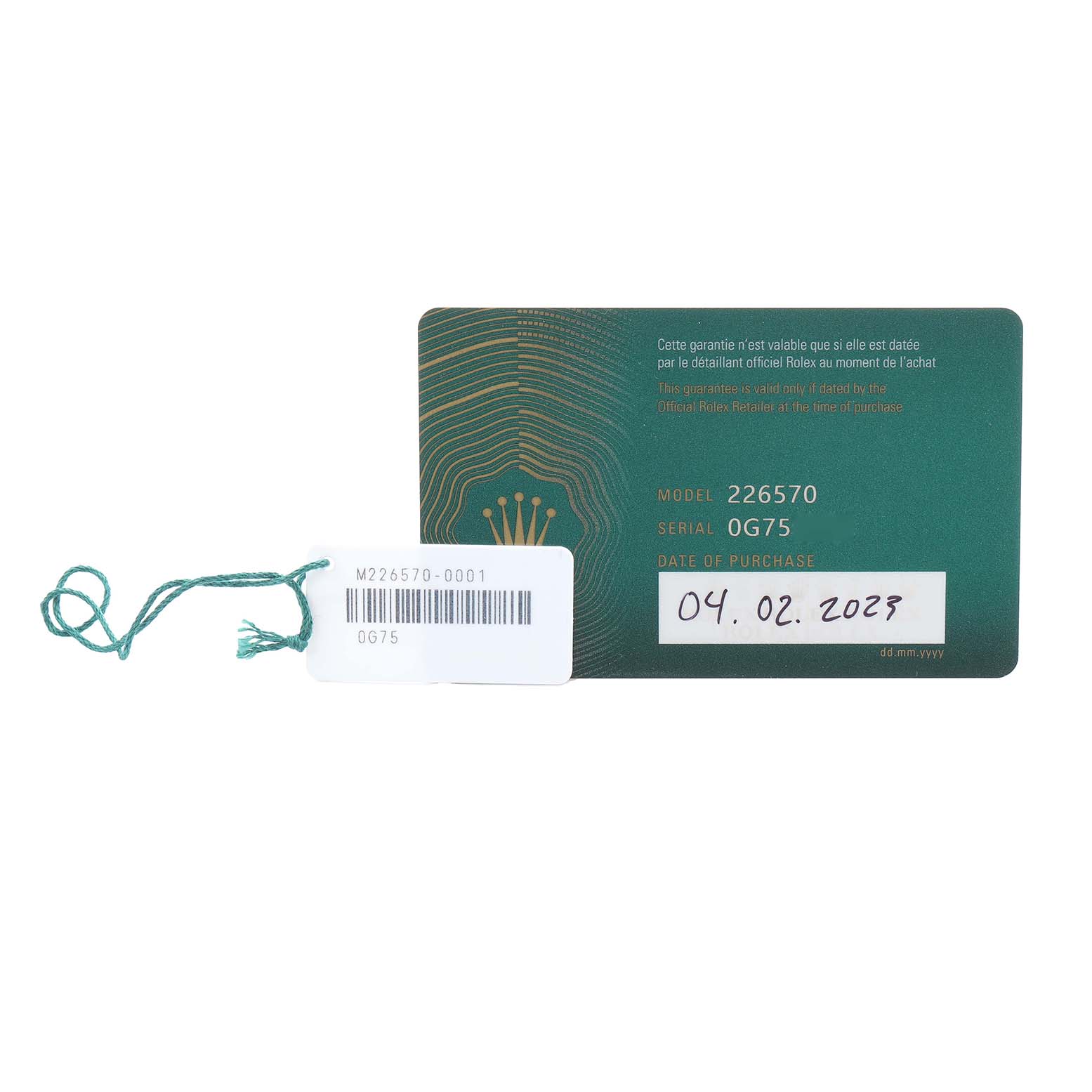 The image shows a warranty card and tag for the Rolex Explorer 226570 Men
s Stainless Steel White Dial model 226570.